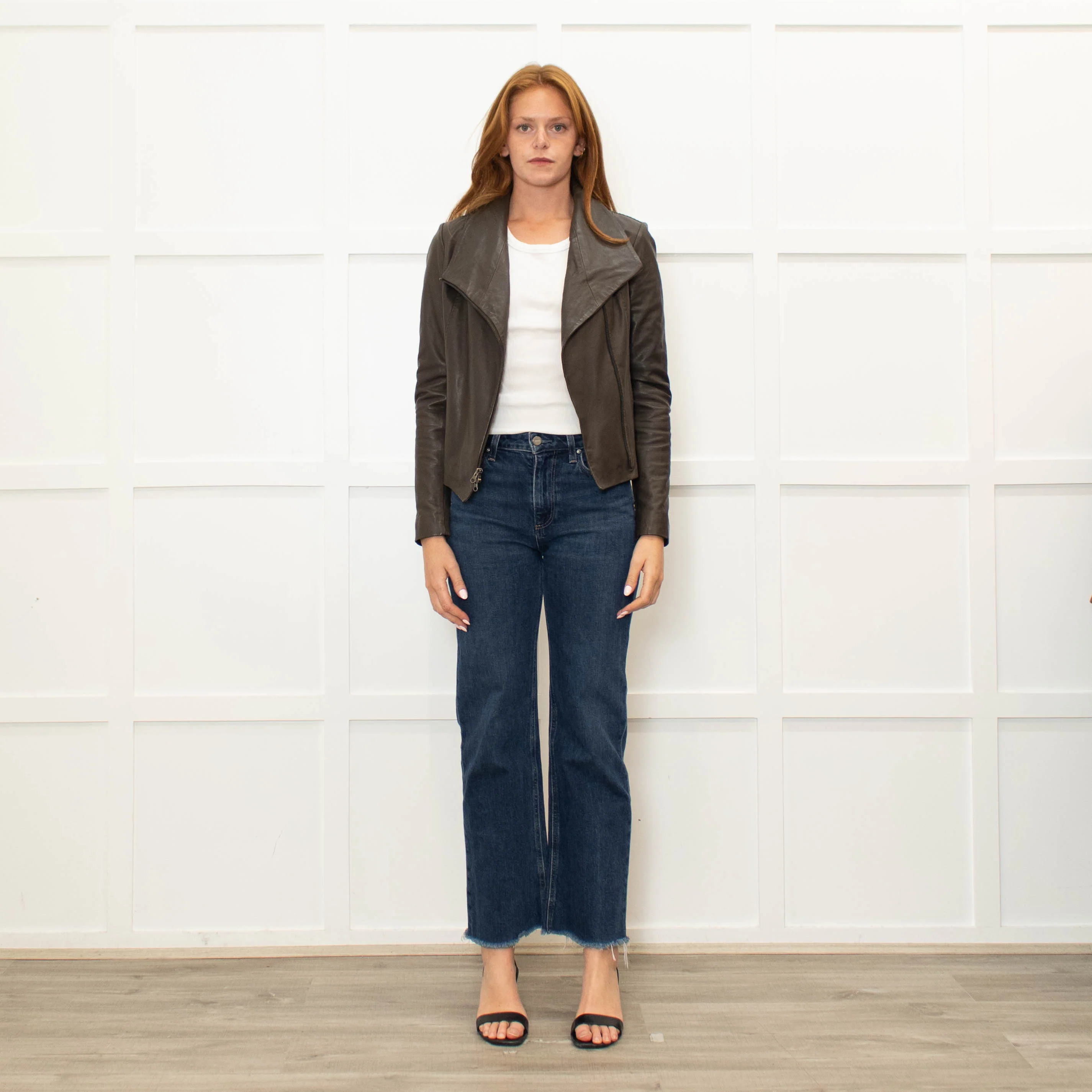 Trilogy Khaki Leather Zip Up Jacket