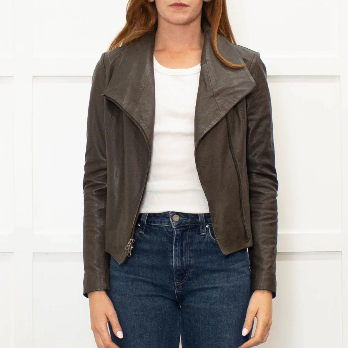 Trilogy Khaki Leather Zip Up Jacket - Image 2