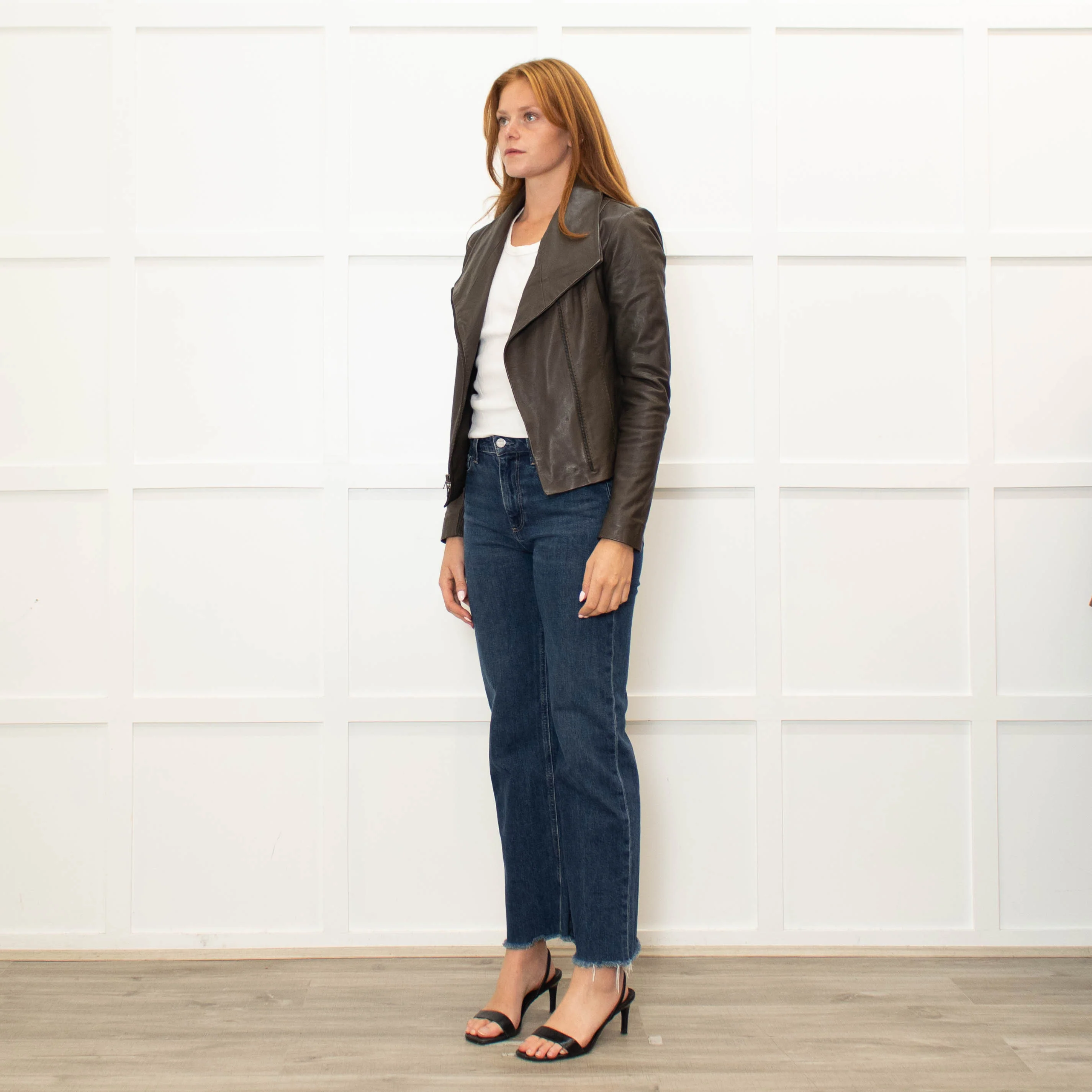Trilogy Khaki Leather Zip Up Jacket - Image 3
