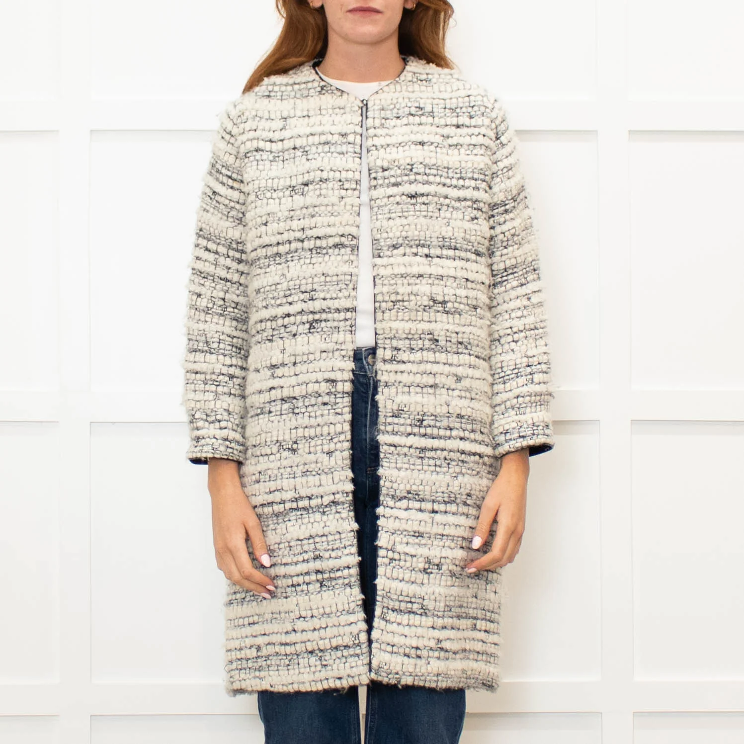 Tucker Grey Collarless Boucle Edge To Edge Coat - Image 2
