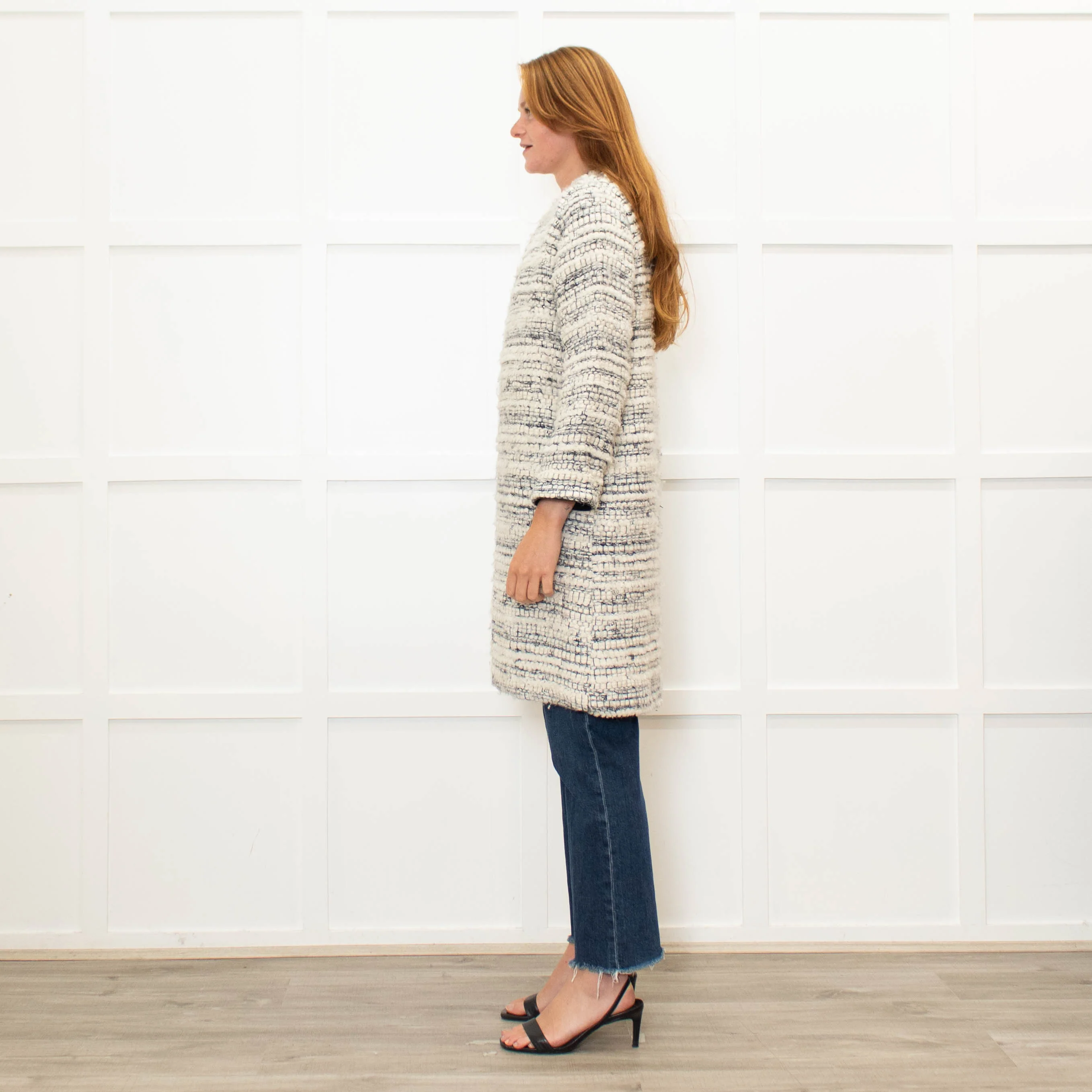 Tucker Grey Collarless Boucle Edge To Edge Coat - Image 4