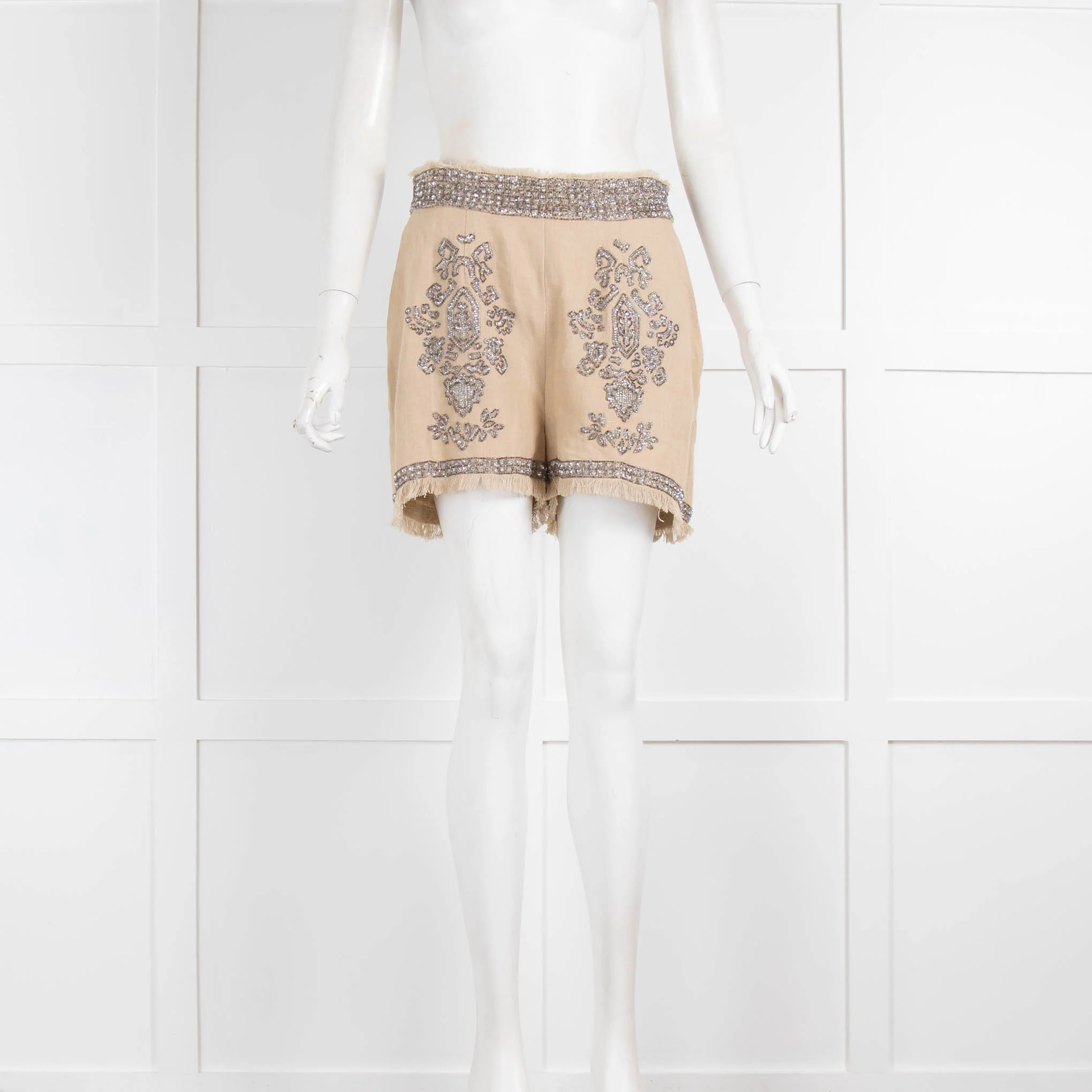 Twin Set Sand Colour Linen Shorts With Crystals