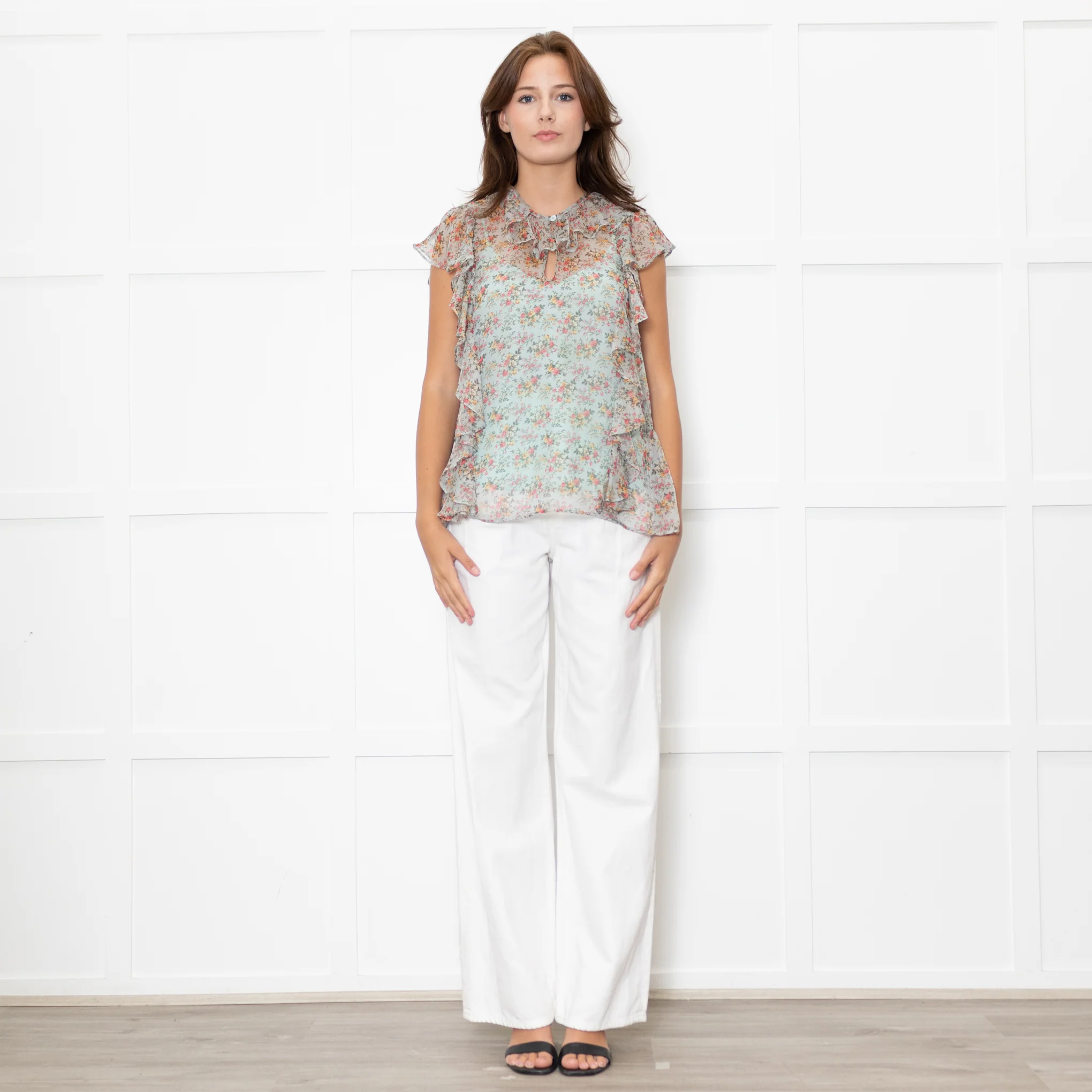 Twinset Blue Sheer Micro Floral Frilled Blouse
