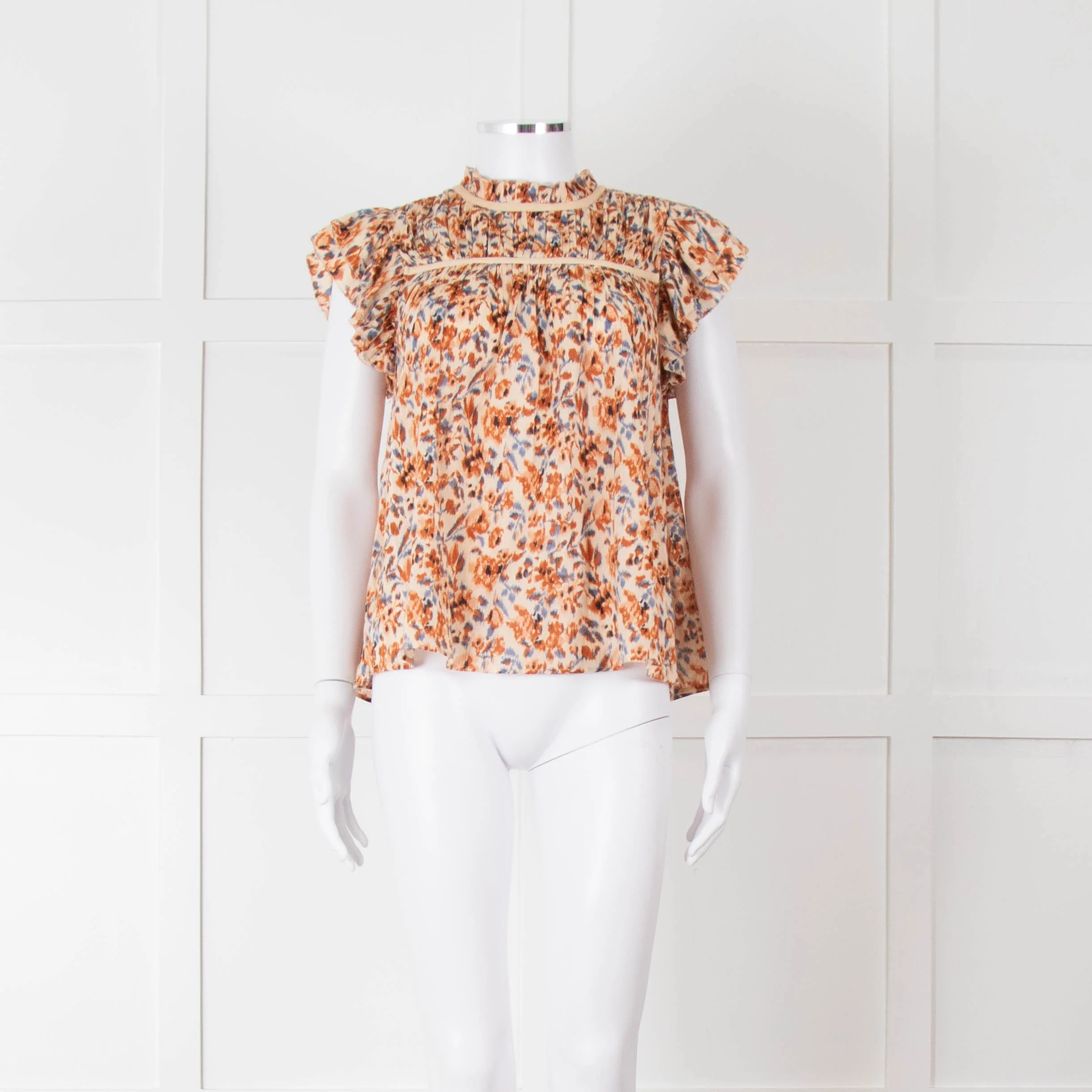 Ulla Johnson Beige Tan Floral Cotton Frill Trim Smock Top