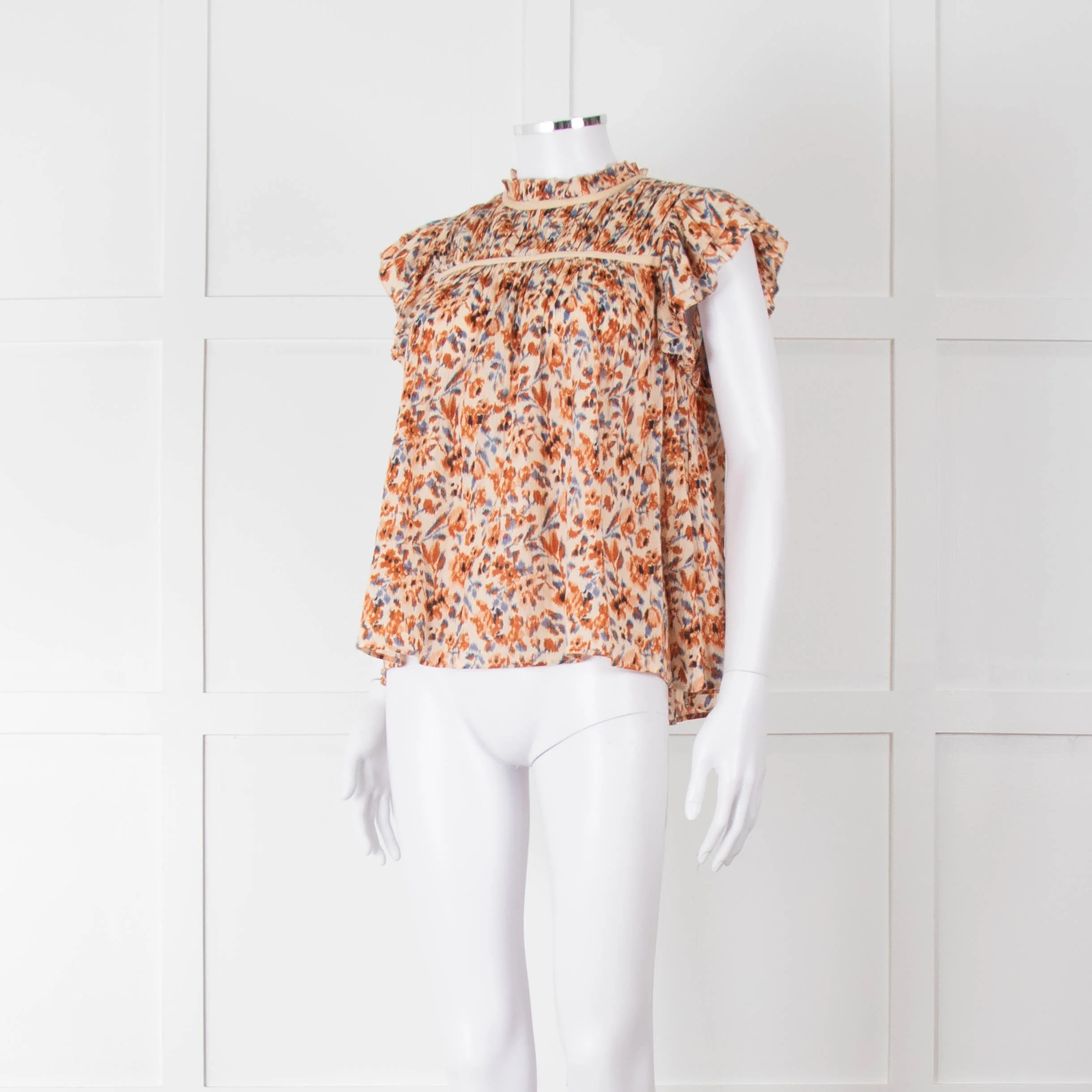 Ulla Johnson Beige Tan Floral Cotton Frill Trim Smock Top - Image 8