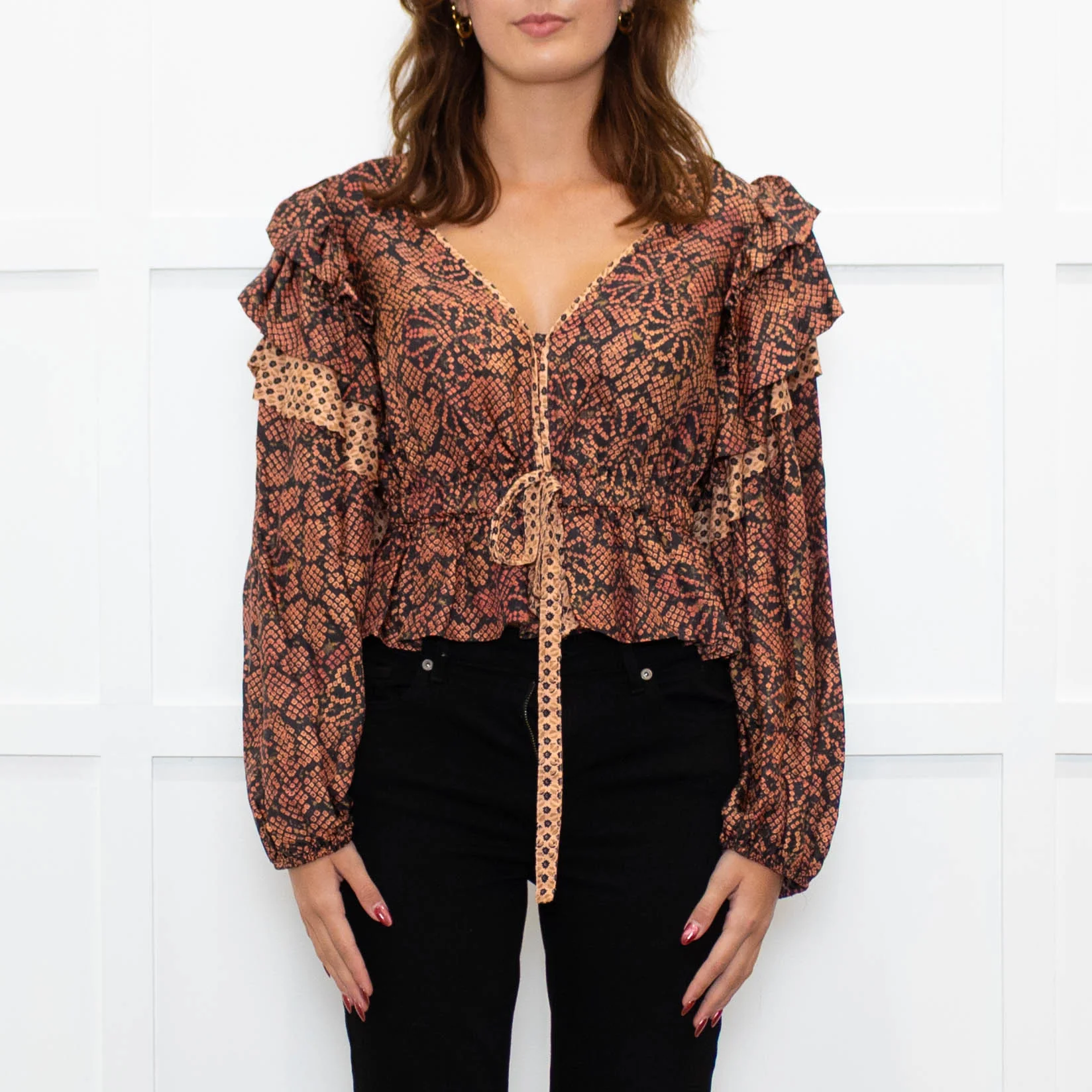 Ulla Johnson Black Red Print Frill Detail Sleeves Belted Waist Silk Top - Image 2