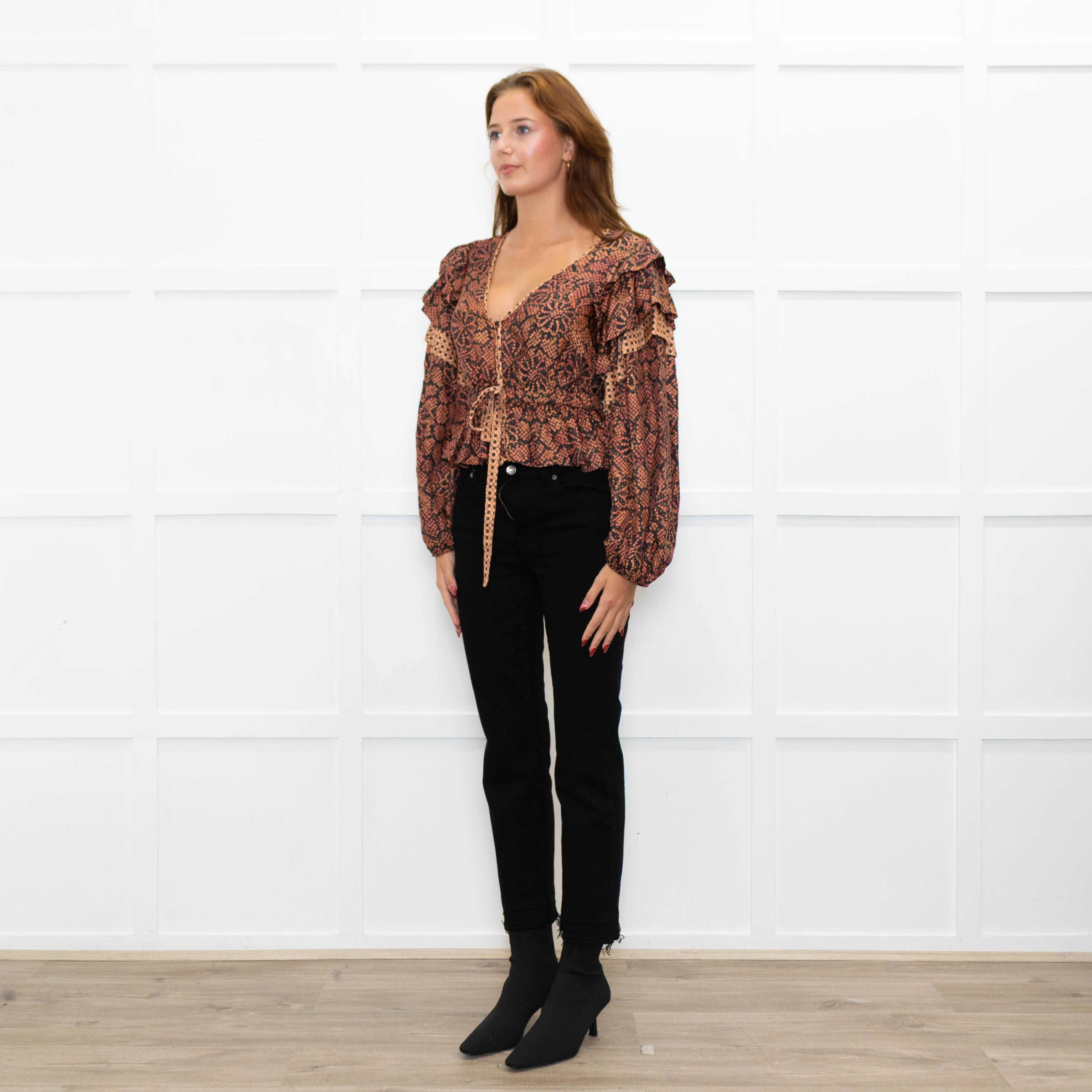 Ulla Johnson Black Red Print Frill Detail Sleeves Belted Waist Silk Top - Image 3