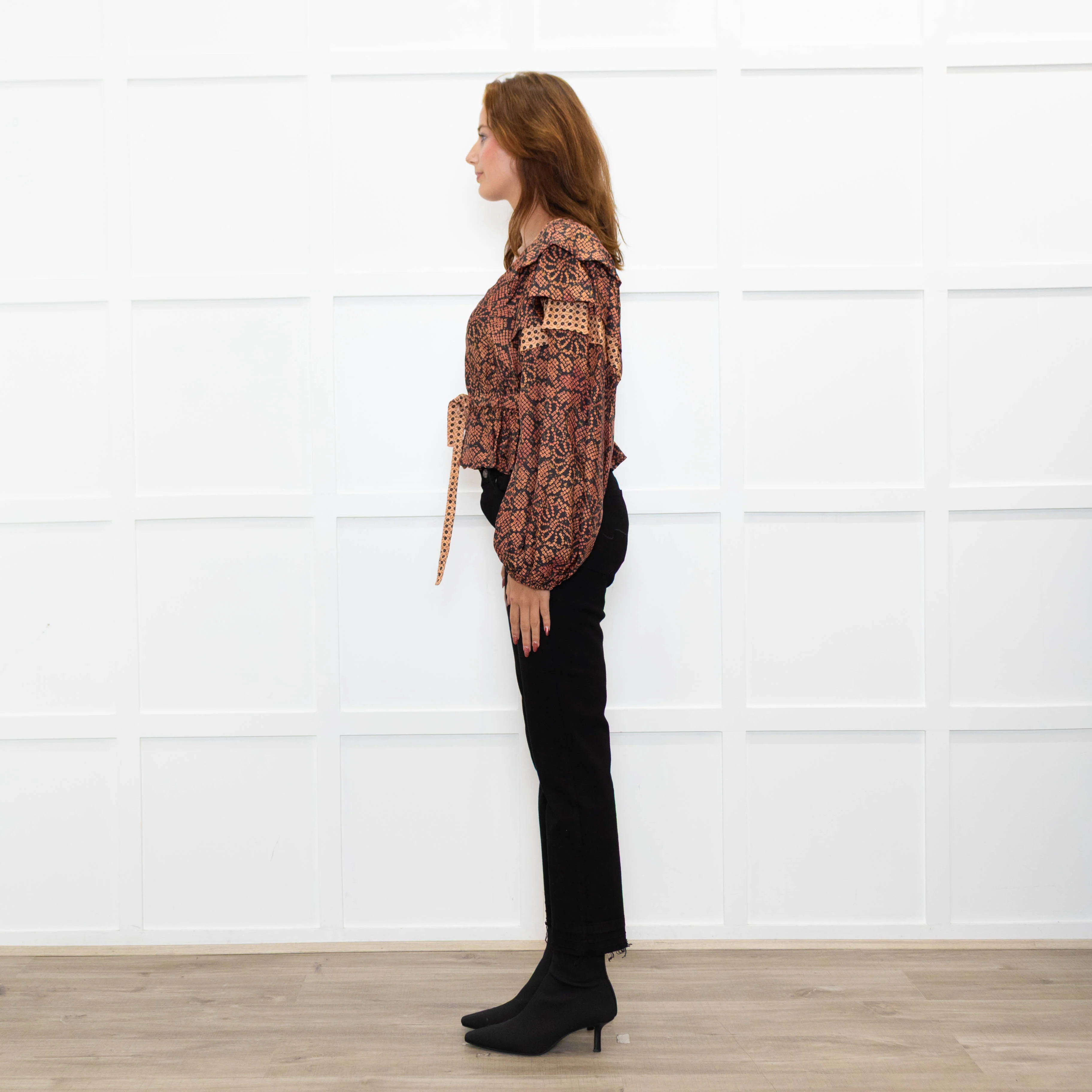 Ulla Johnson Black Red Print Frill Detail Sleeves Belted Waist Silk Top - Image 4