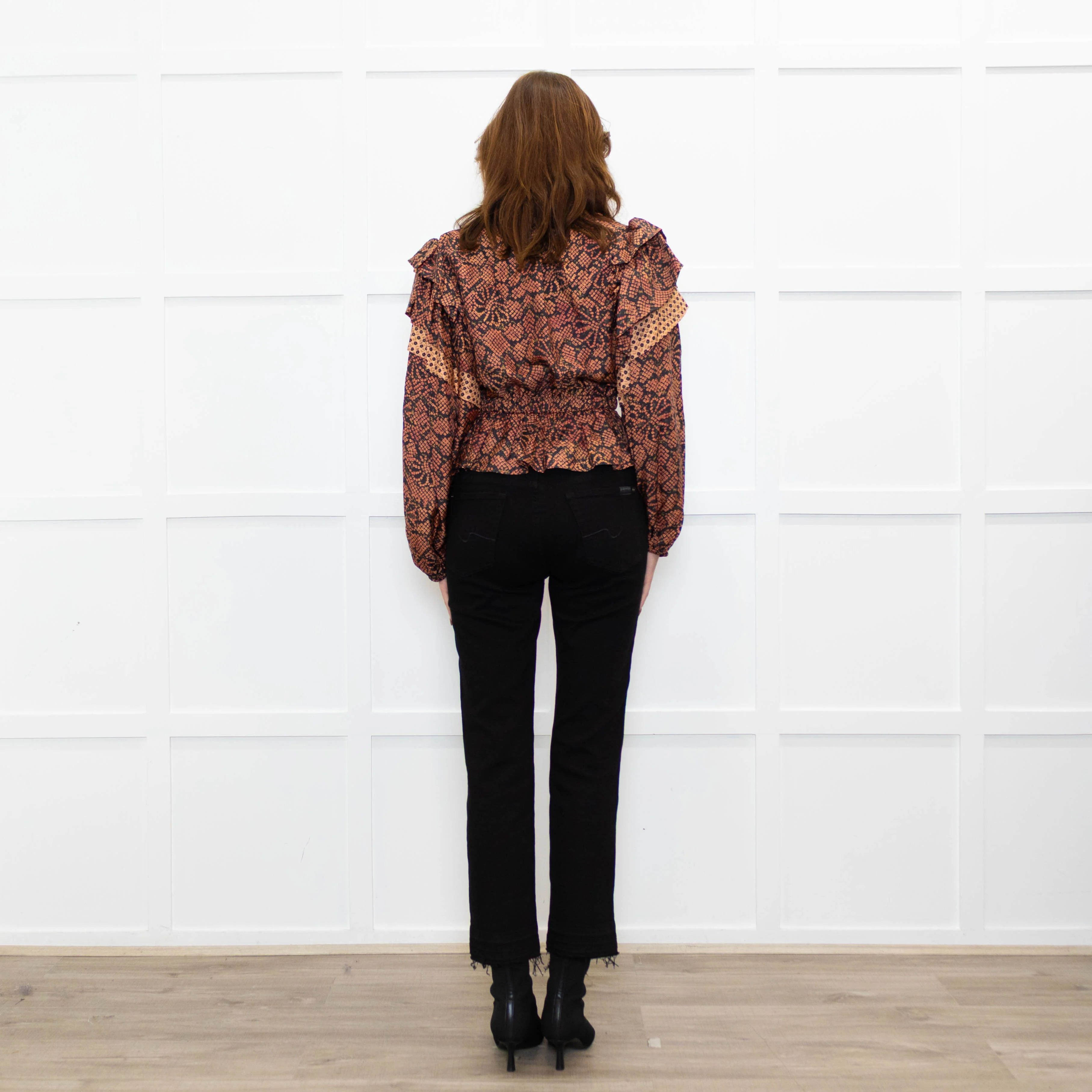 Ulla Johnson Black Red Print Frill Detail Sleeves Belted Waist Silk Top - Image 5