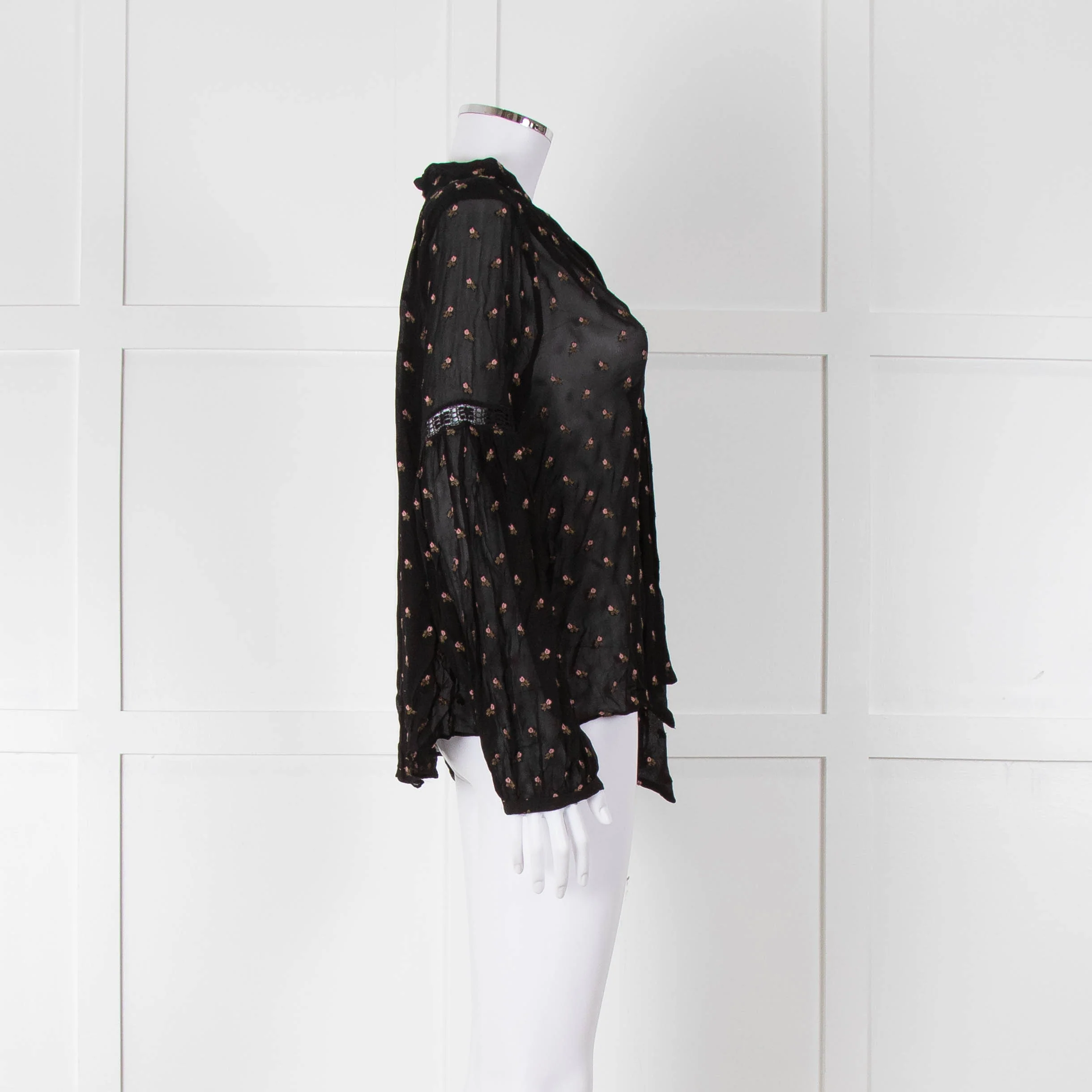 Ulla Johnson Black Small Pink Khaki Flower Print Tie Neck Blouse - Image 3