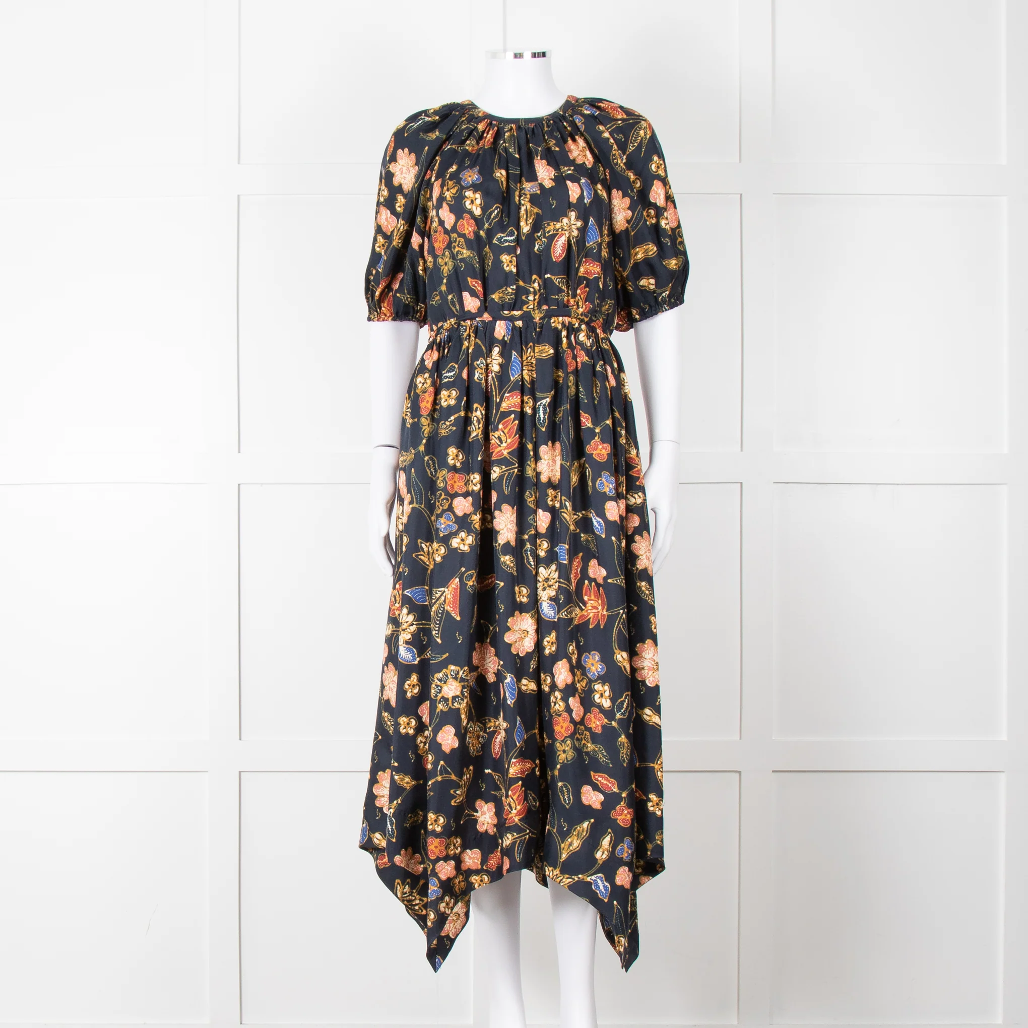 Ulla Johnson Black Yellow Pink Floral Puffed Sleeves Silk Dress
