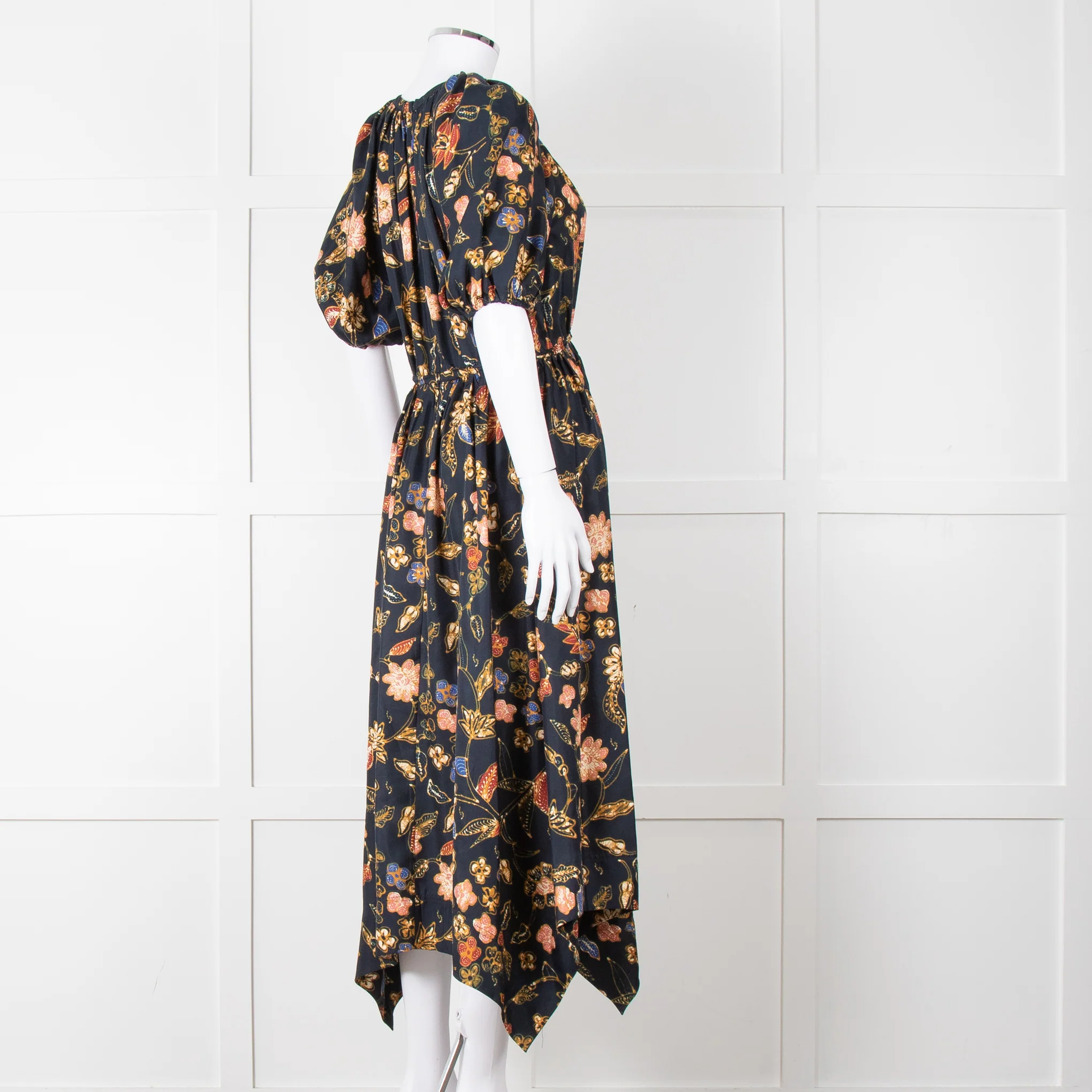 Ulla Johnson Black Yellow Pink Floral Puffed Sleeves Silk Dress - Image 6