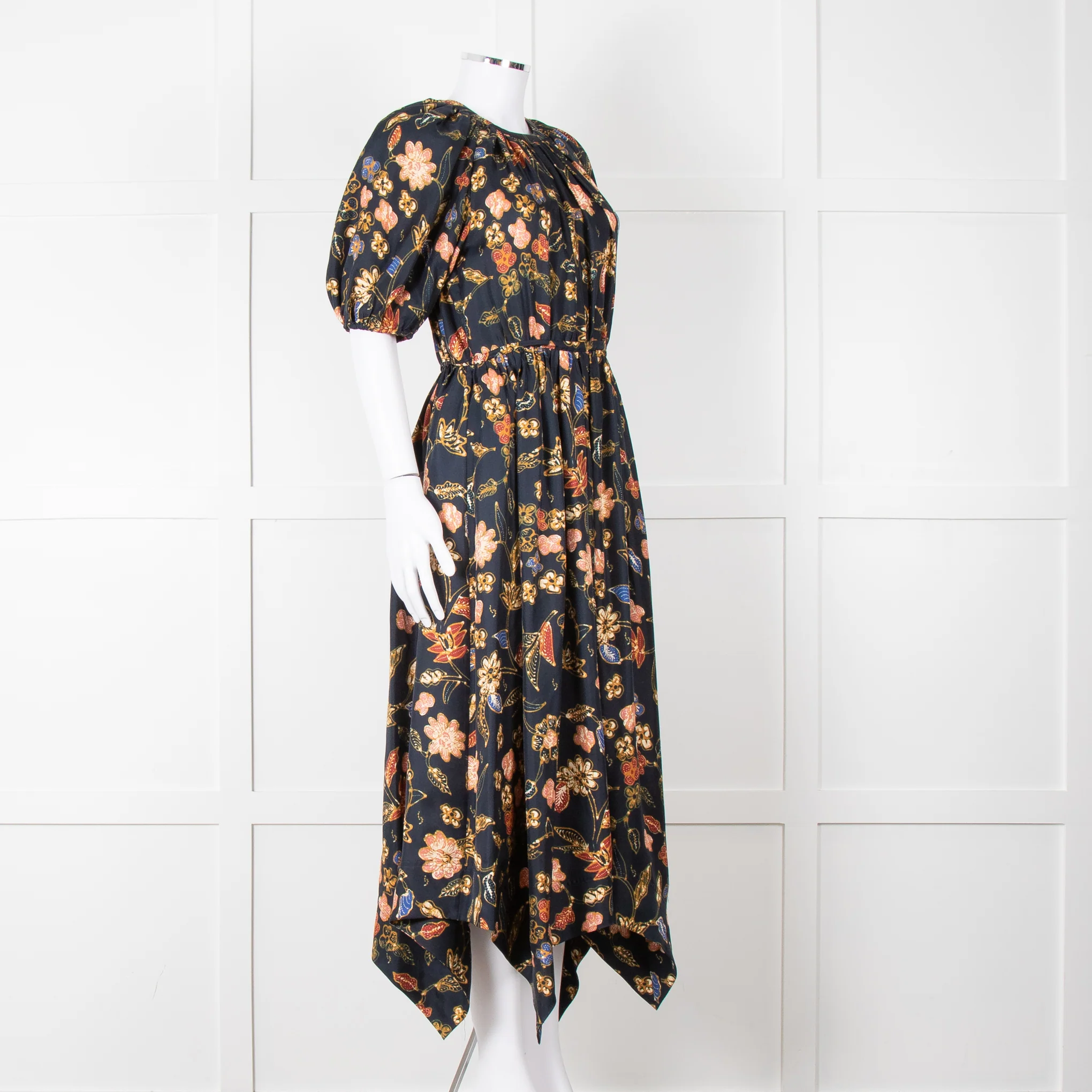 Ulla Johnson Black Yellow Pink Floral Puffed Sleeves Silk Dress - Image 8