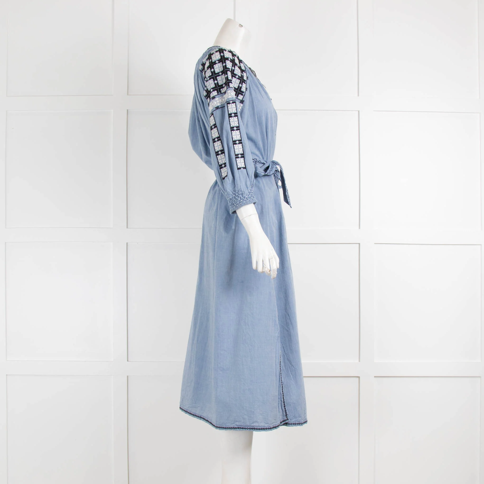 Ulla Johnson Blue White Ethnic Cotton Long Sleeve Dress - Image 2