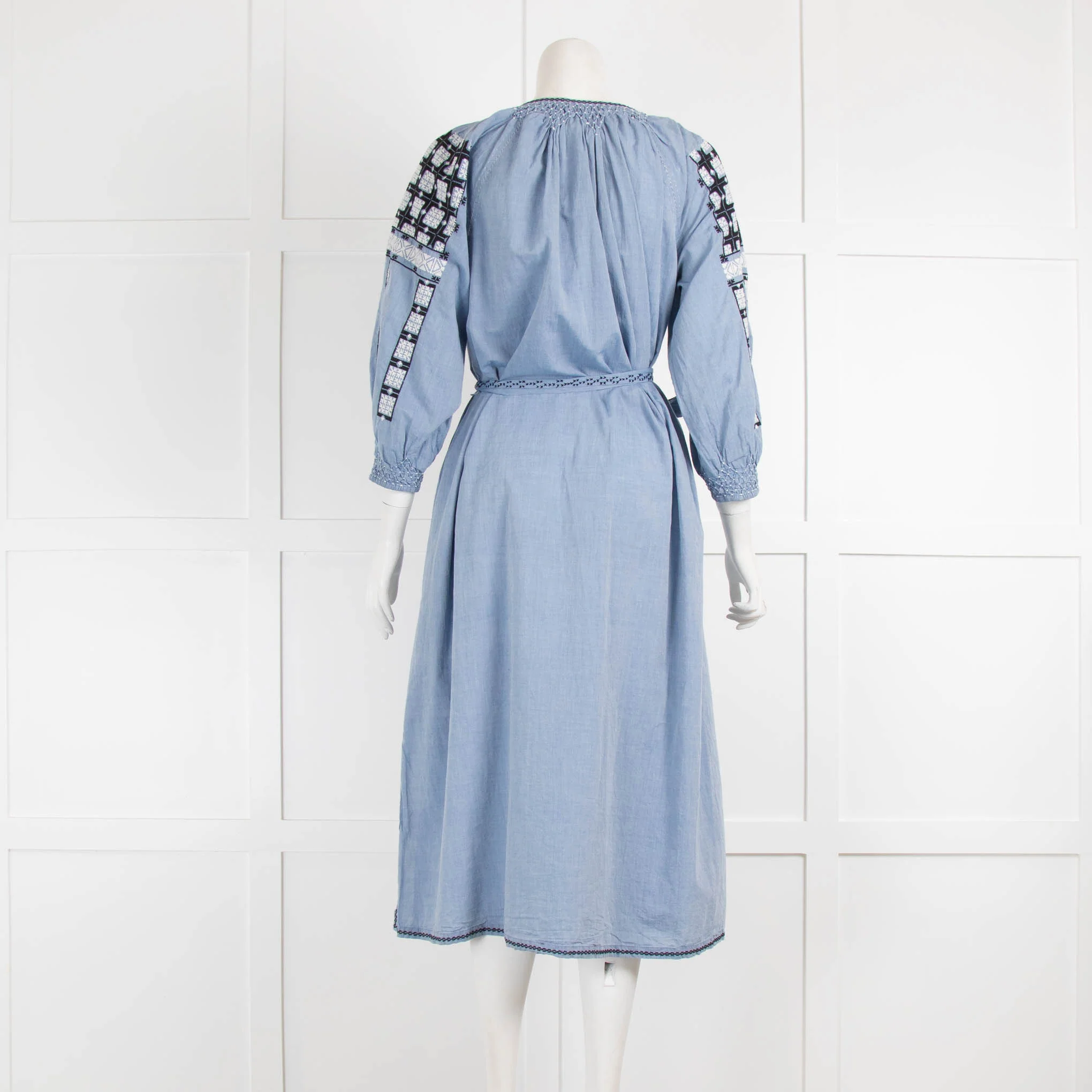 Ulla Johnson Blue White Ethnic Cotton Long Sleeve Dress - Image 3