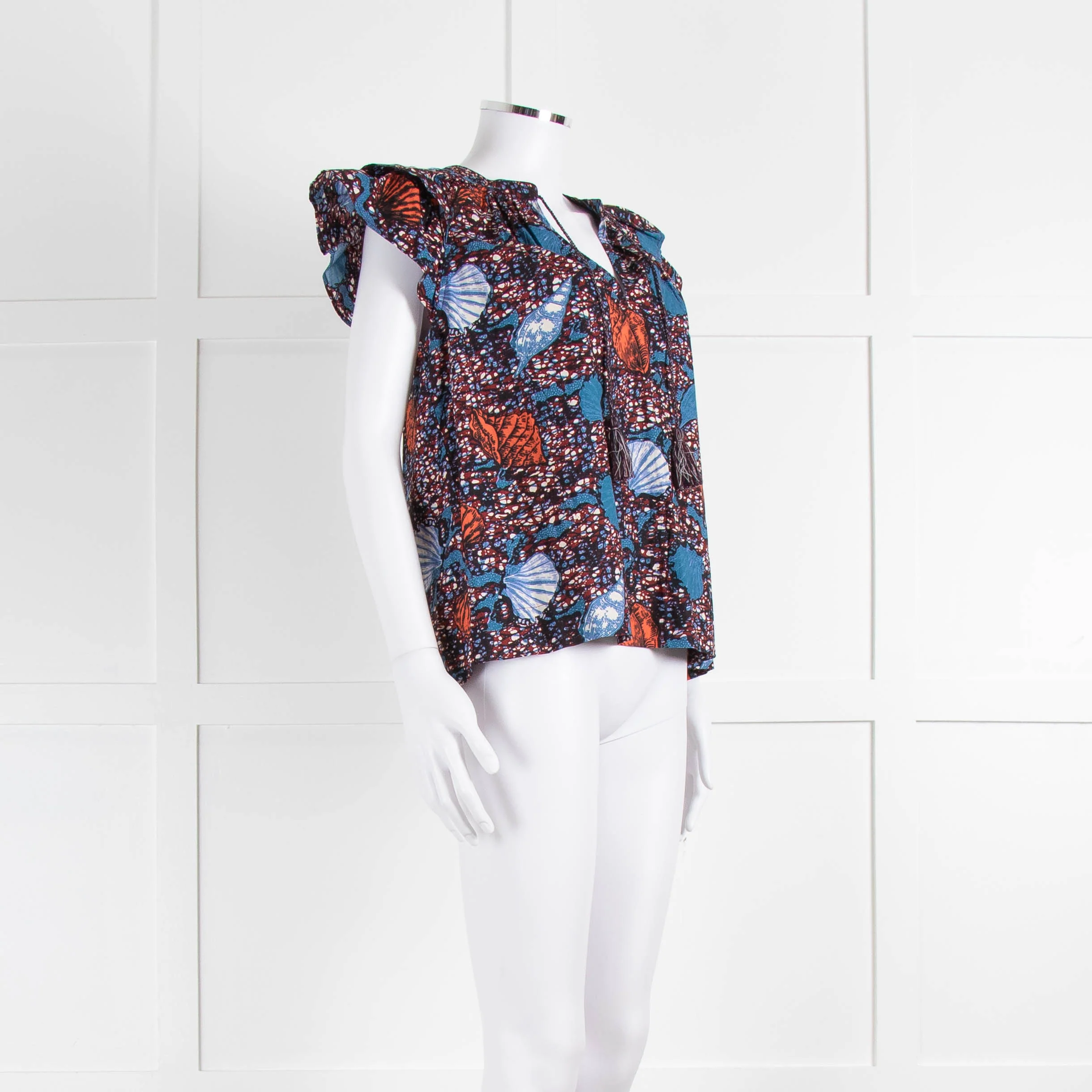 Ulla Johnson Blue, White, Orange With Shell Design Frill Sleeve Cotton Top - Image 2