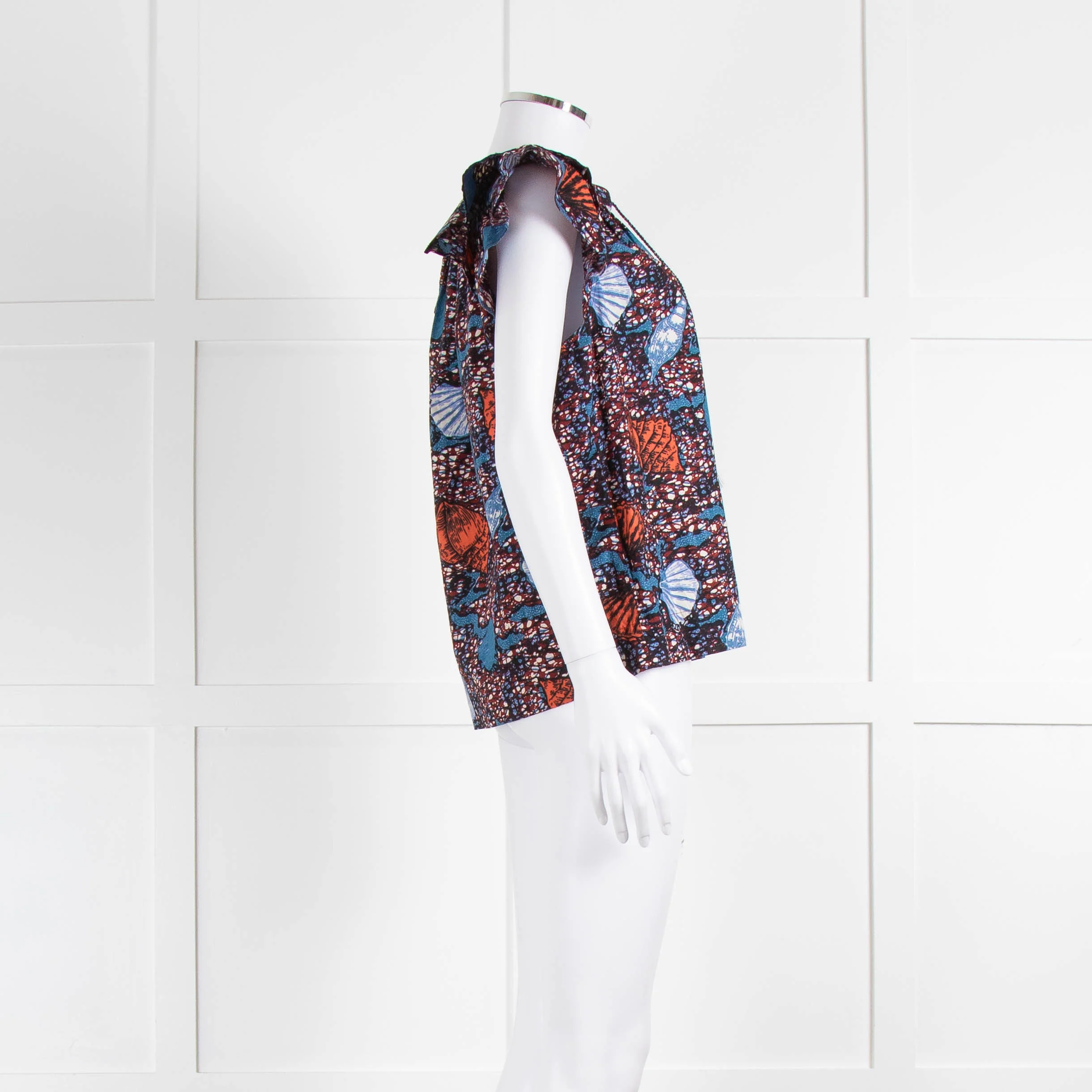 Ulla Johnson Blue, White, Orange With Shell Design Frill Sleeve Cotton Top - Image 3