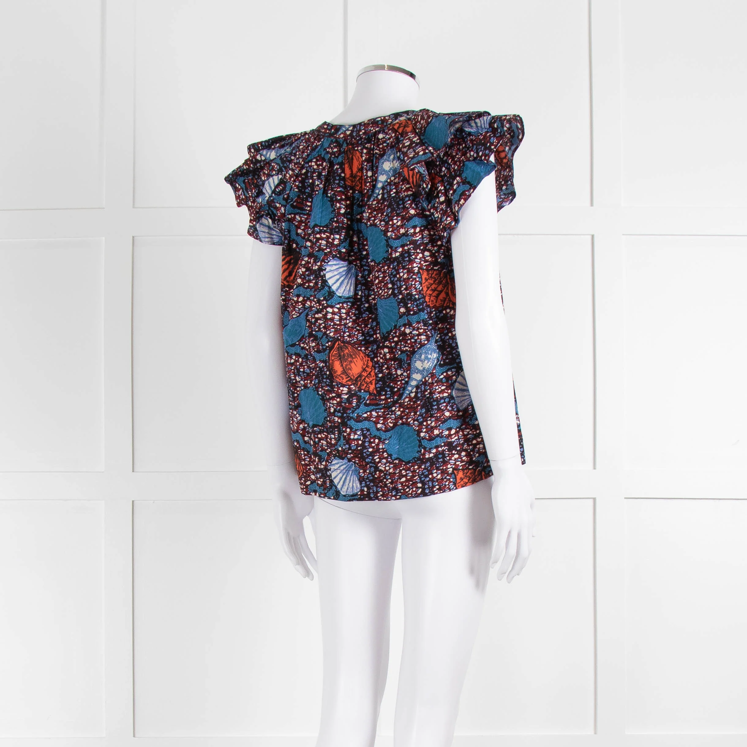 Ulla Johnson Blue, White, Orange With Shell Design Frill Sleeve Cotton Top - Image 4