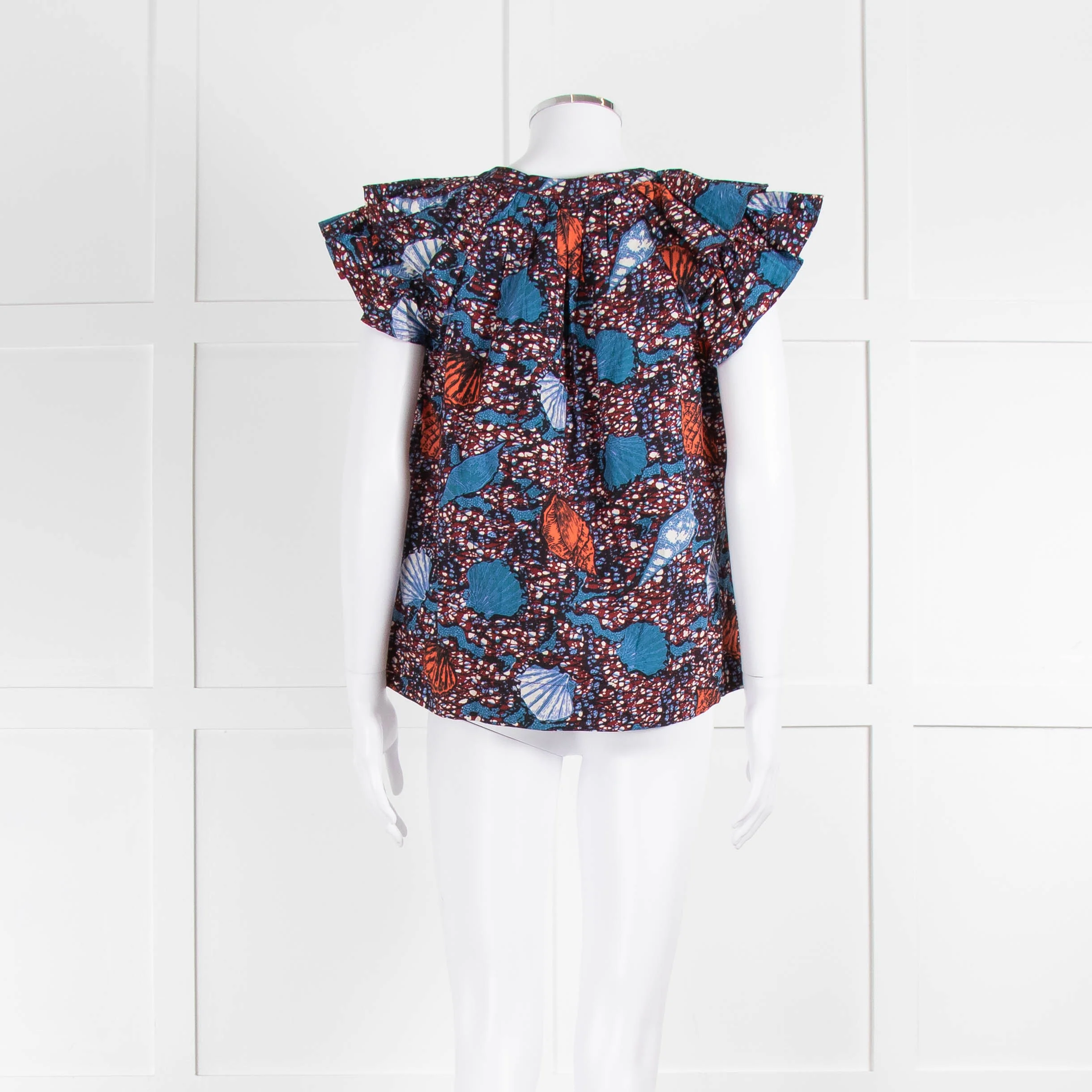 Ulla Johnson Blue, White, Orange With Shell Design Frill Sleeve Cotton Top - Image 5