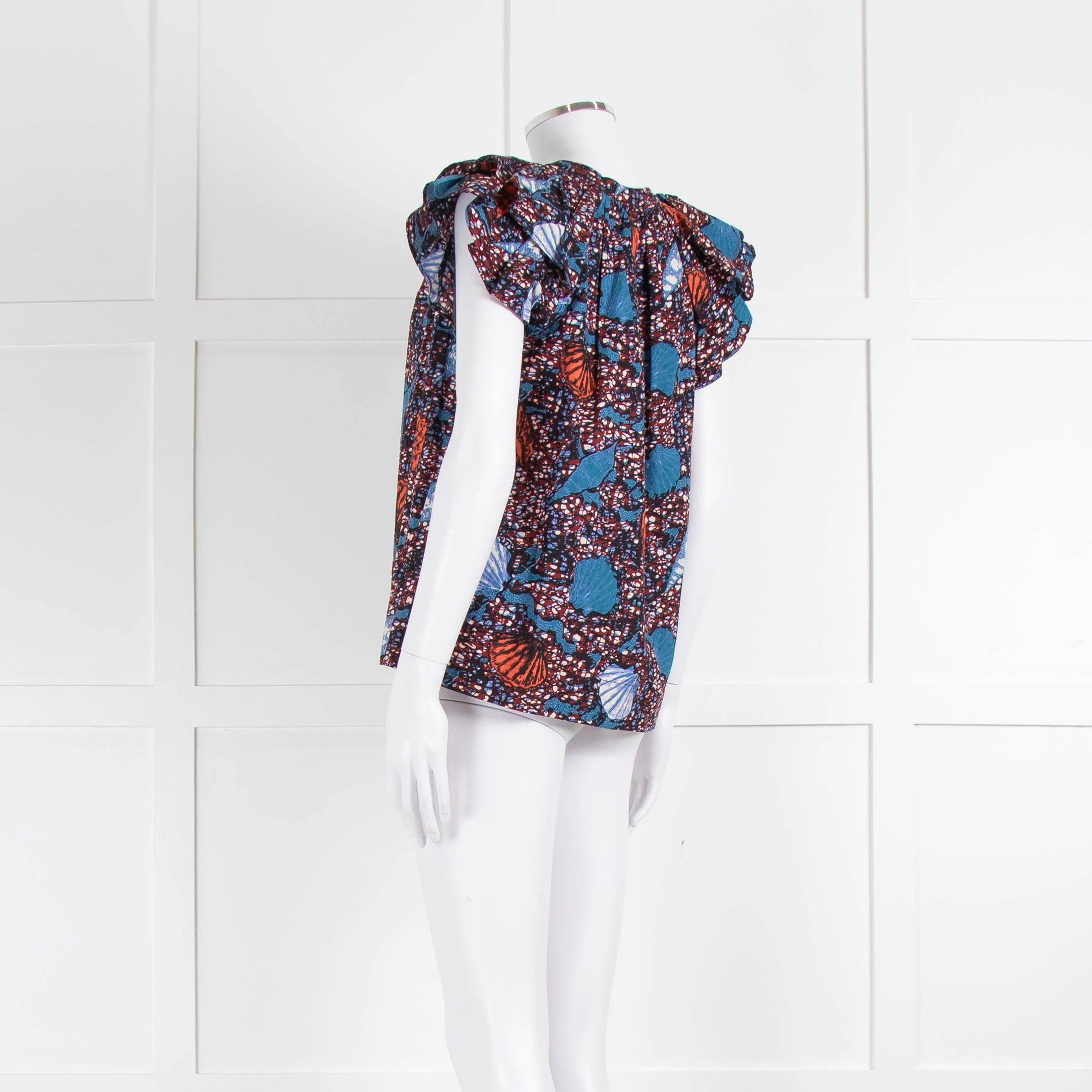 Ulla Johnson Blue, White, Orange With Shell Design Frill Sleeve Cotton Top - Image 6