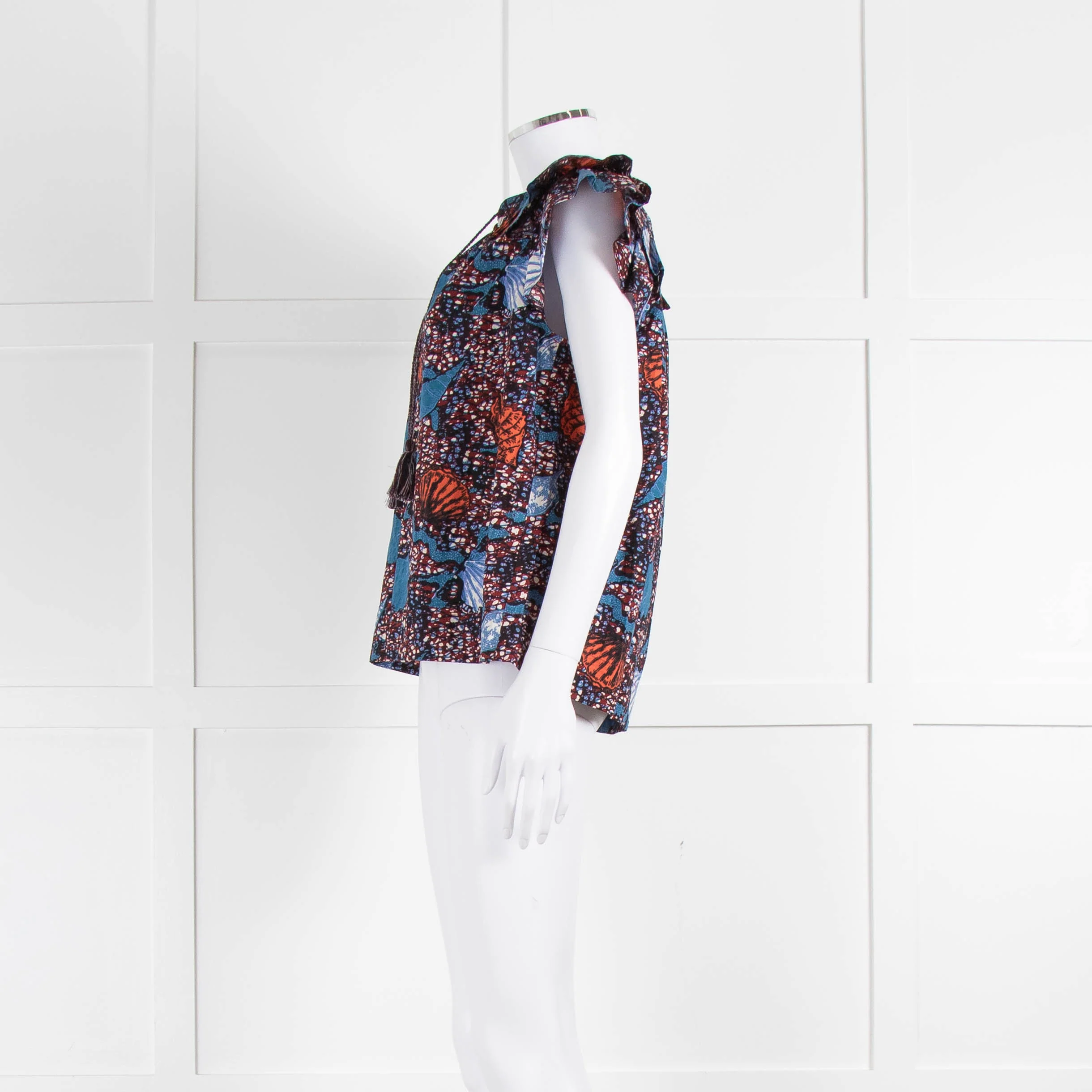 Ulla Johnson Blue, White, Orange With Shell Design Frill Sleeve Cotton Top - Image 7