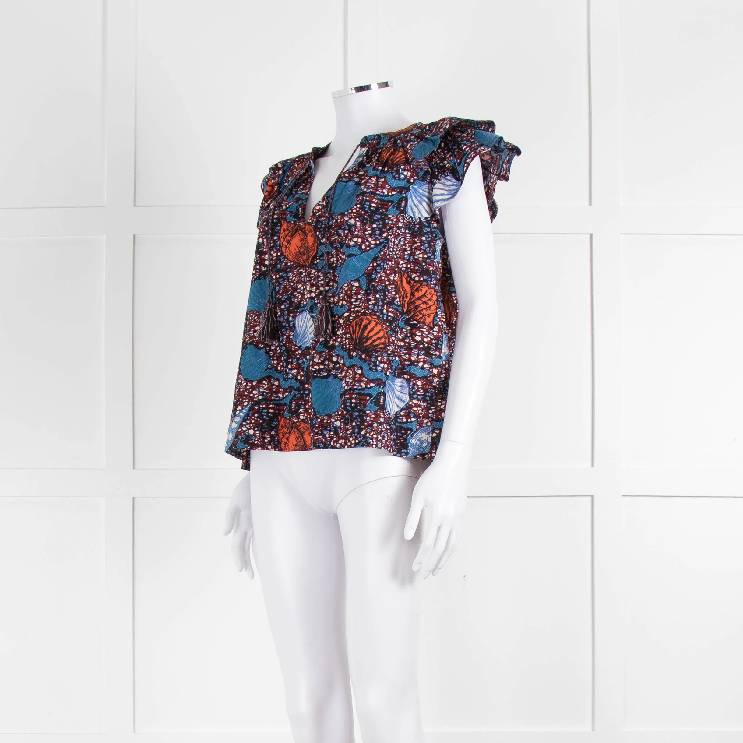Ulla Johnson Blue, White, Orange With Shell Design Frill Sleeve Cotton Top - Image 8