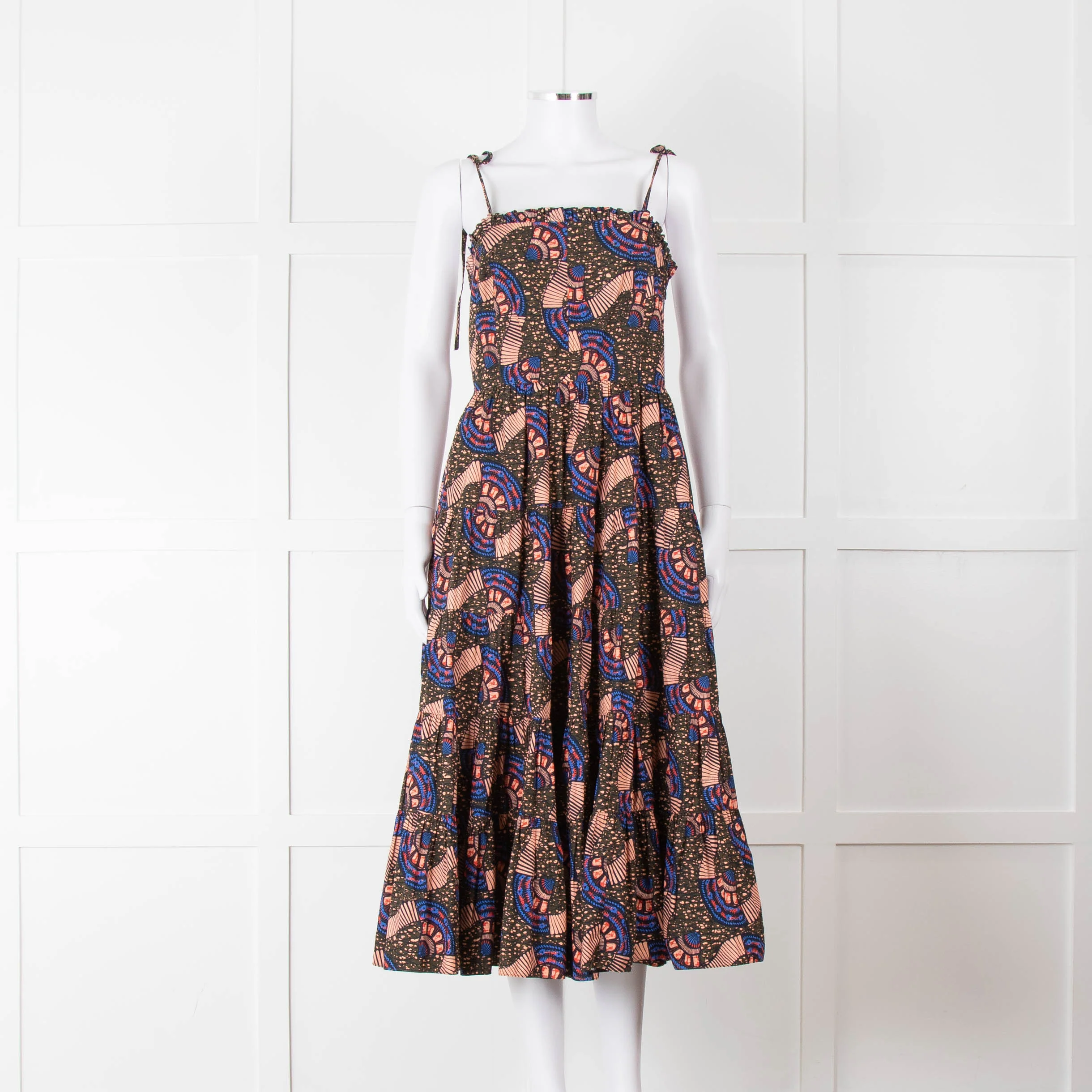 Ulla Johnson Brown Peach Blue Cotton Tribal Print Sleeveless Dress