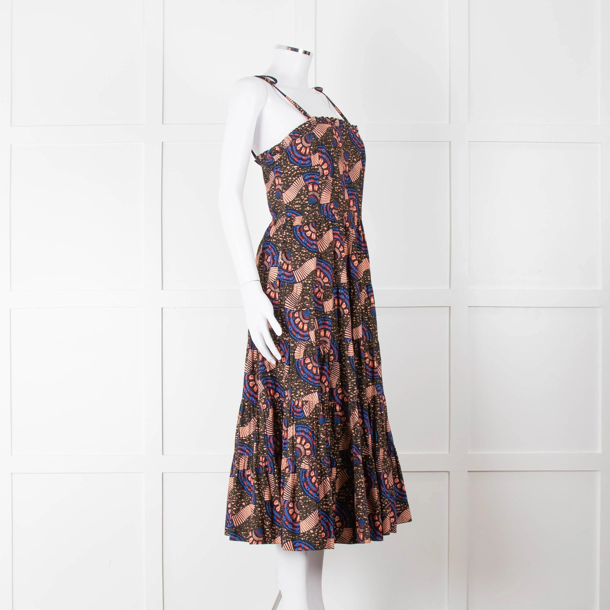 Ulla Johnson Brown Peach Blue Cotton Tribal Print Sleeveless Dress - Image 2