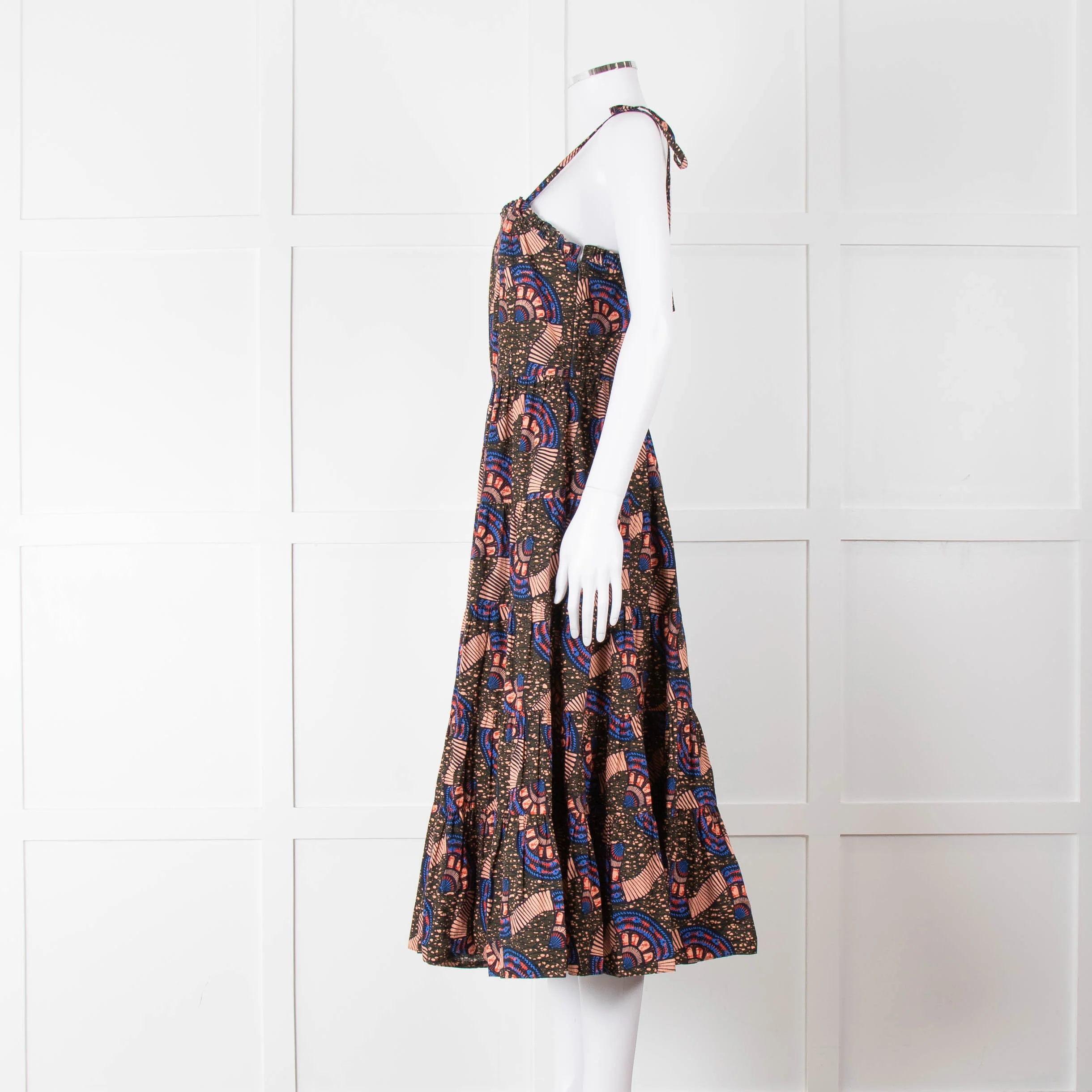 Ulla Johnson Brown Peach Blue Cotton Tribal Print Sleeveless Dress - Image 7