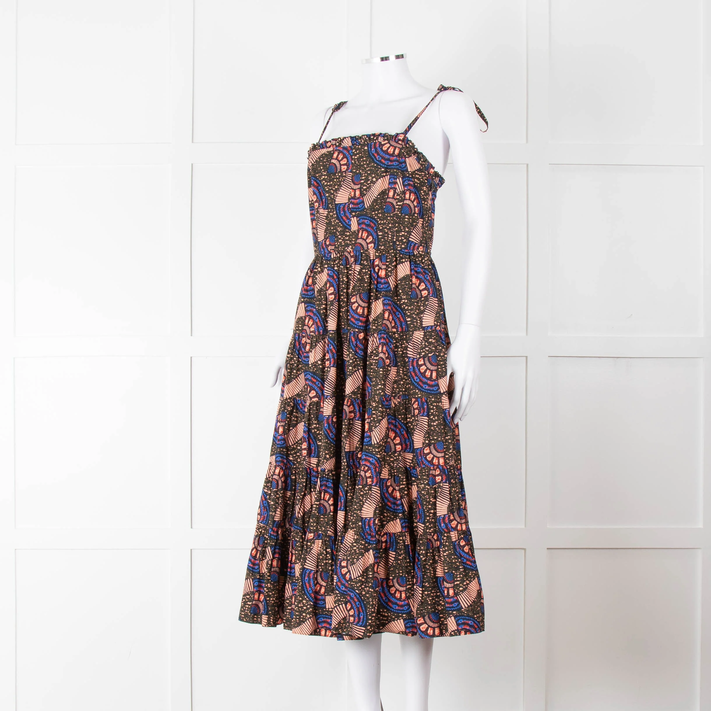 Ulla Johnson Brown Peach Blue Cotton Tribal Print Sleeveless Dress - Image 8