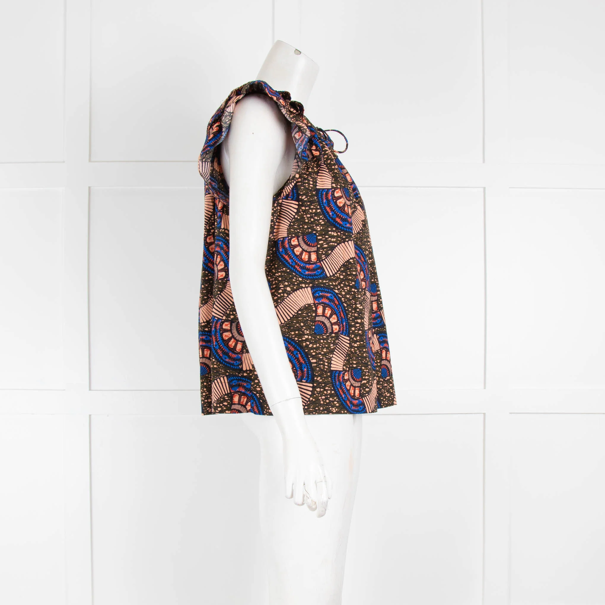 Ulla Johnson Brown Peach Print Cotton Frill Short Sleeve Top - Image 2