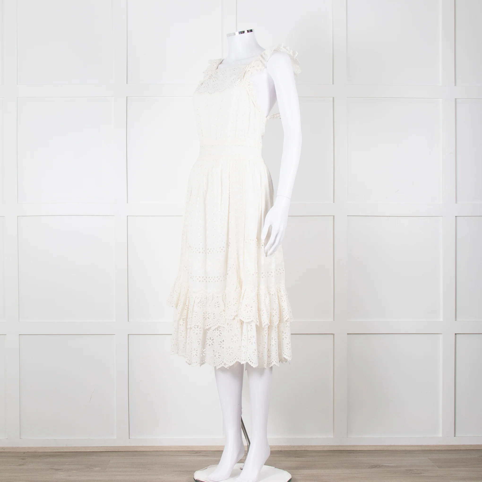 Ulla Johnson Cream Broderie Anglaise Strappy Dress With Frill Tier - Image 8