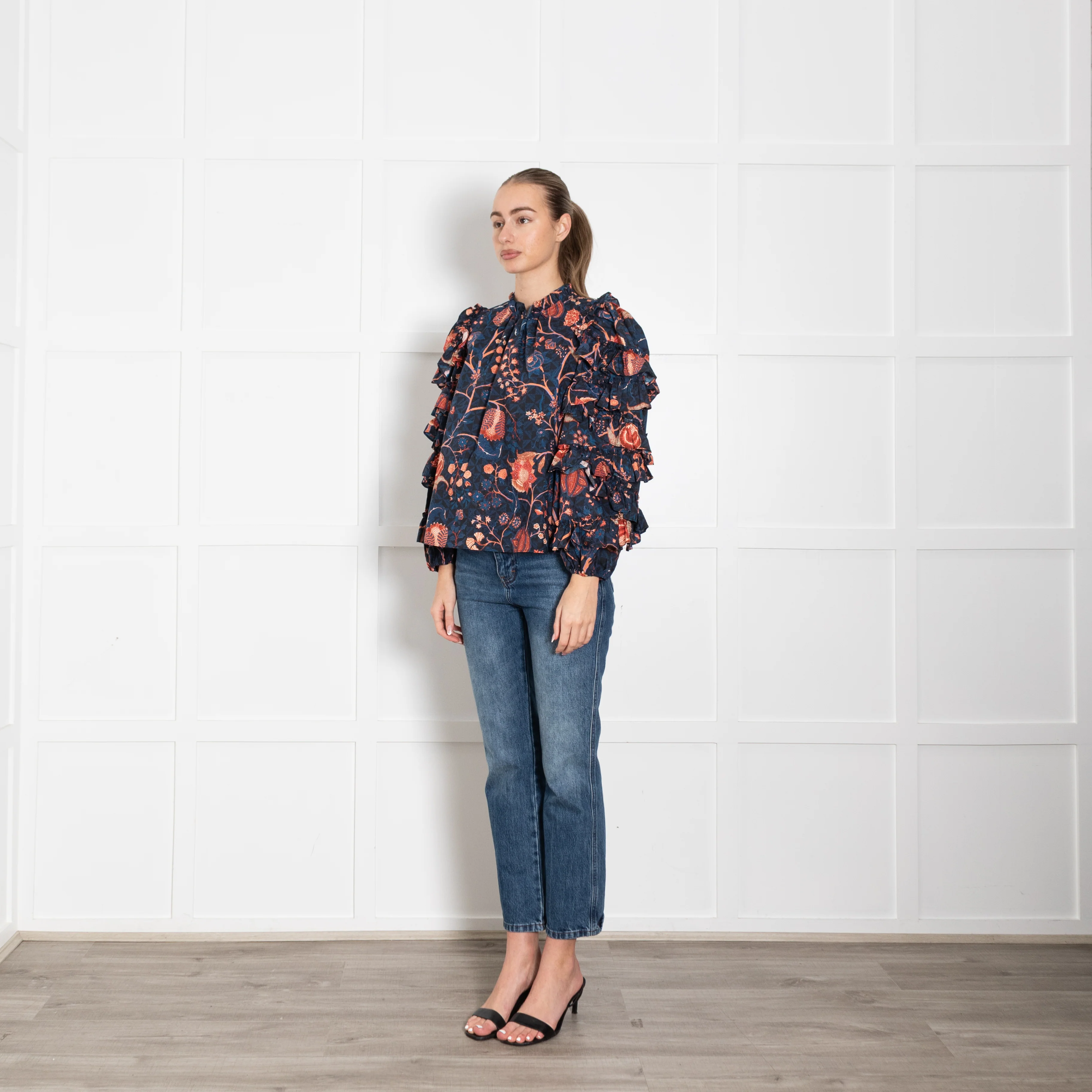 Ulla Johnson Pippa Navy Blouse Orange Floral - Image 3