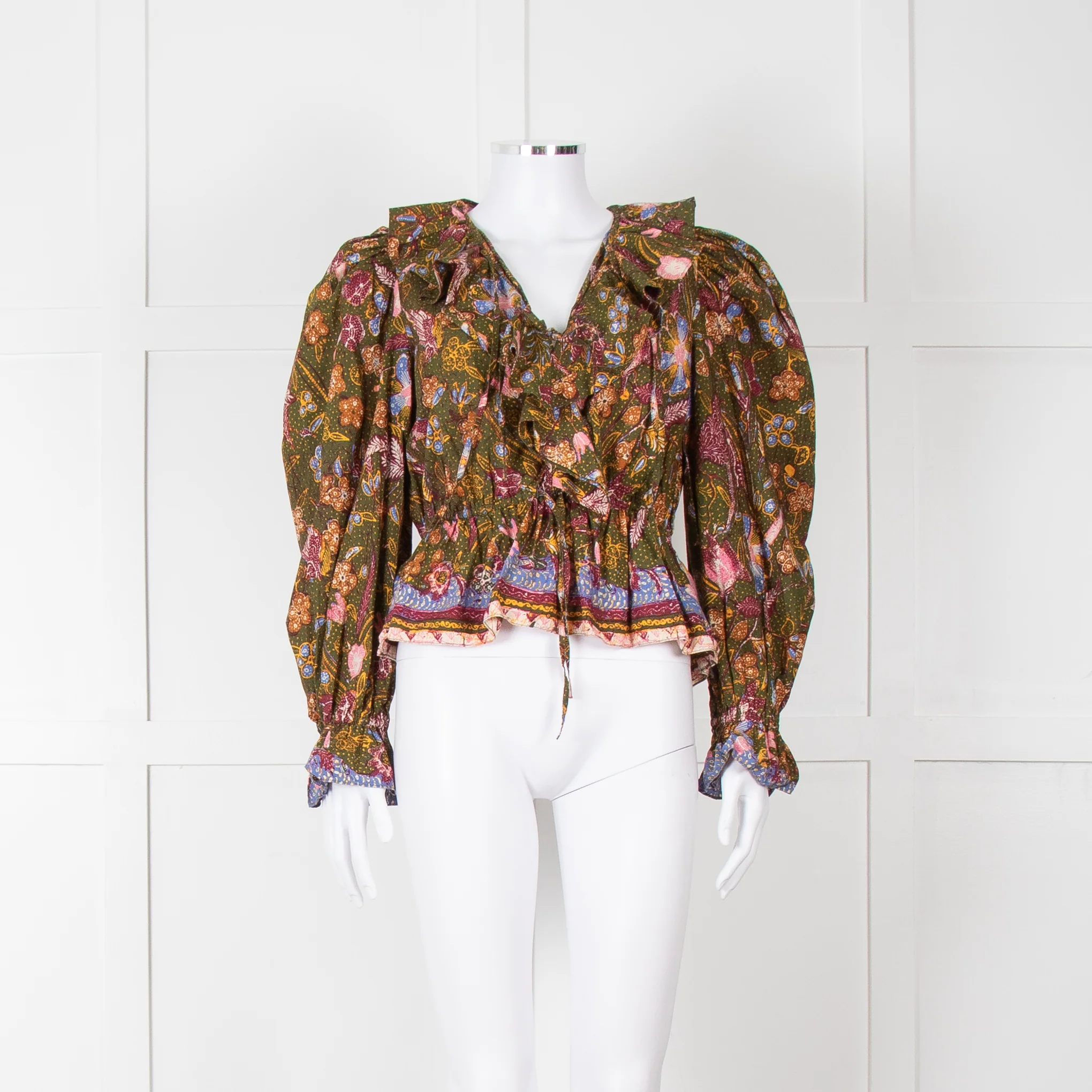 Ulla Johnson Green Pink Yellow Floral Frill Detail Cotton Top