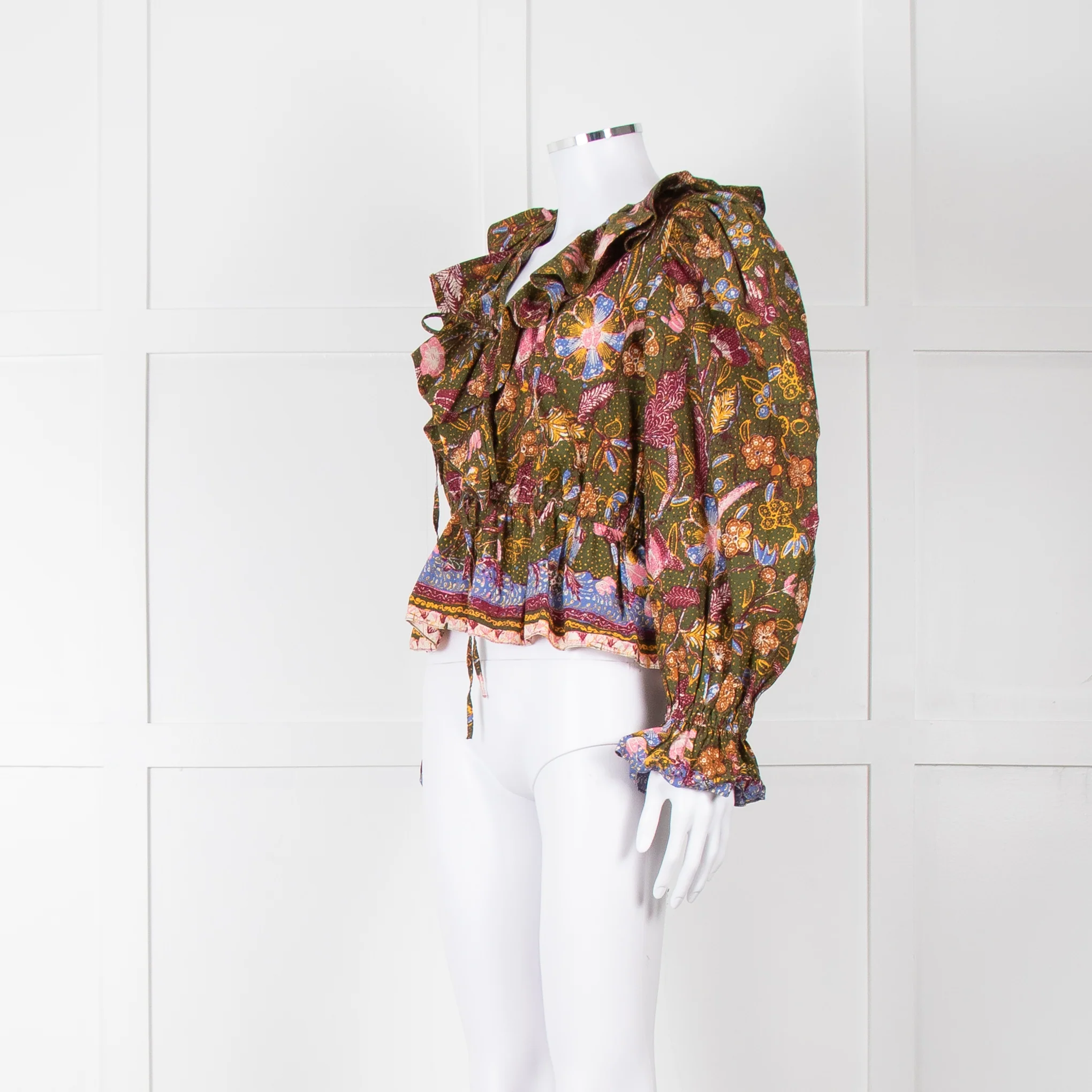 Ulla Johnson Green Pink Yellow Floral Frill Detail Cotton Top - Image 2