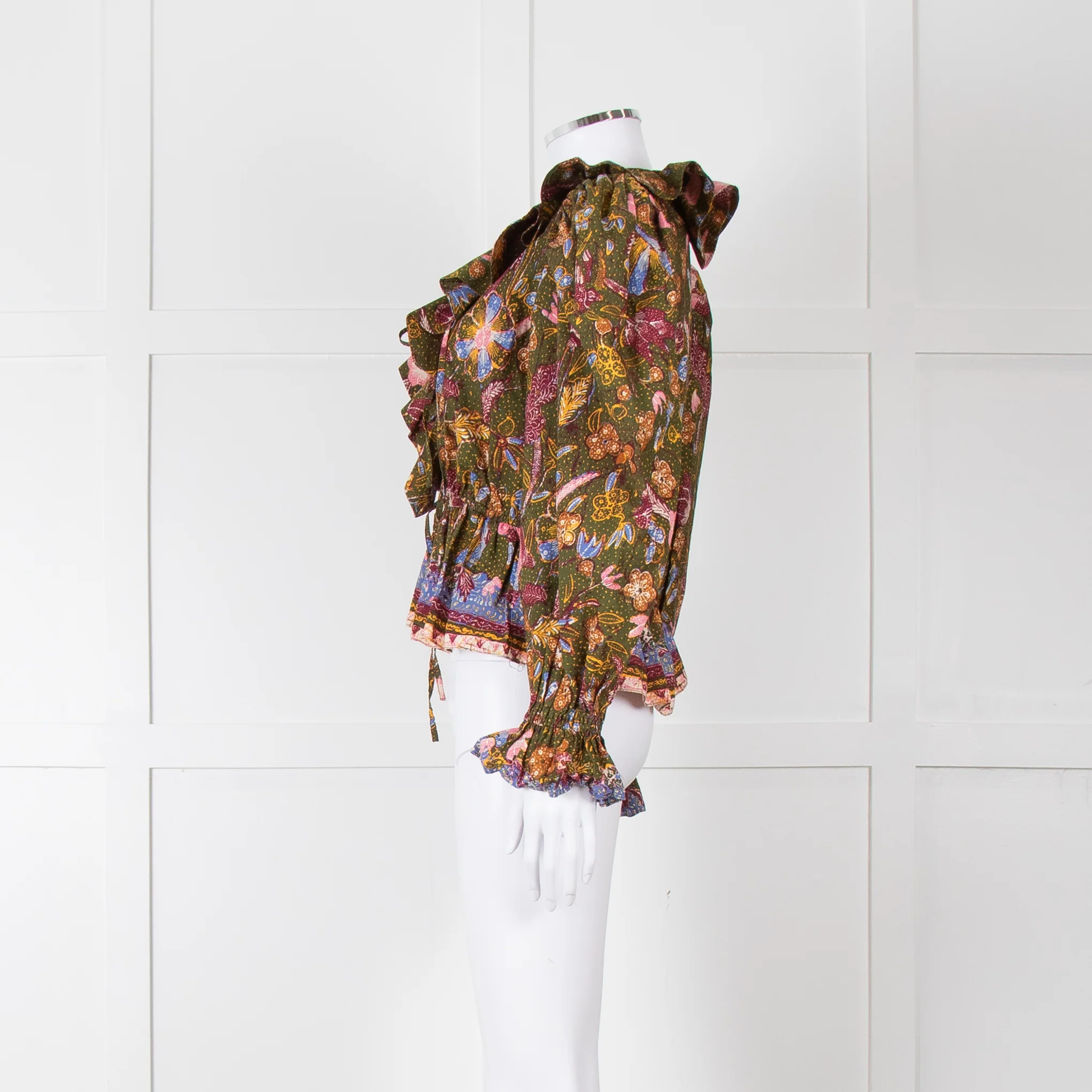 Ulla Johnson Green Pink Yellow Floral Frill Detail Cotton Top - Image 3