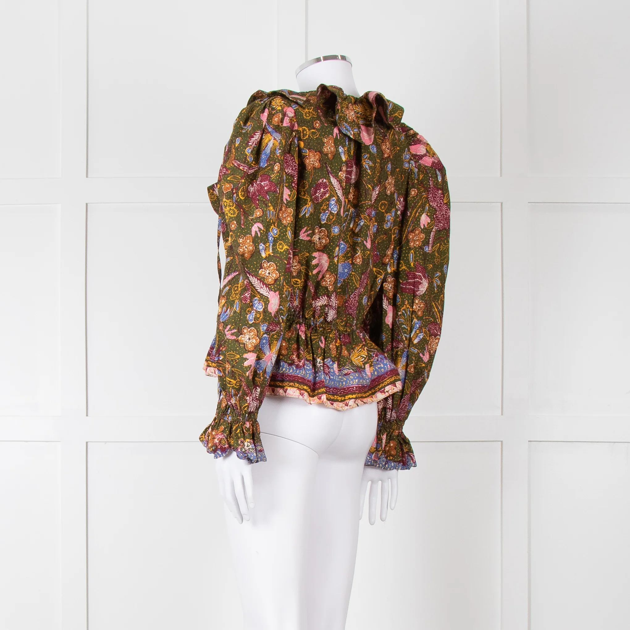 Ulla Johnson Green Pink Yellow Floral Frill Detail Cotton Top - Image 4