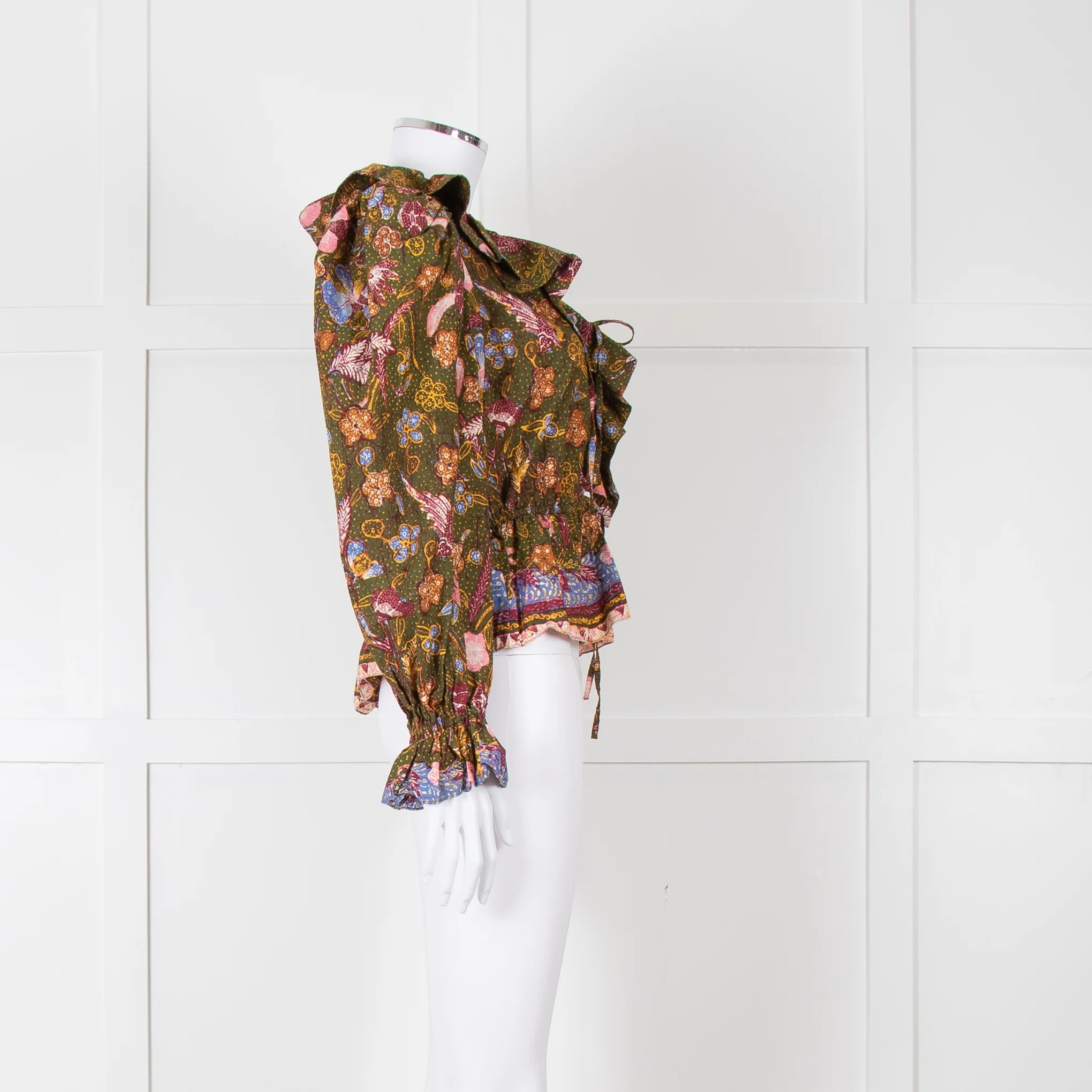 Ulla Johnson Green Pink Yellow Floral Frill Detail Cotton Top - Image 7