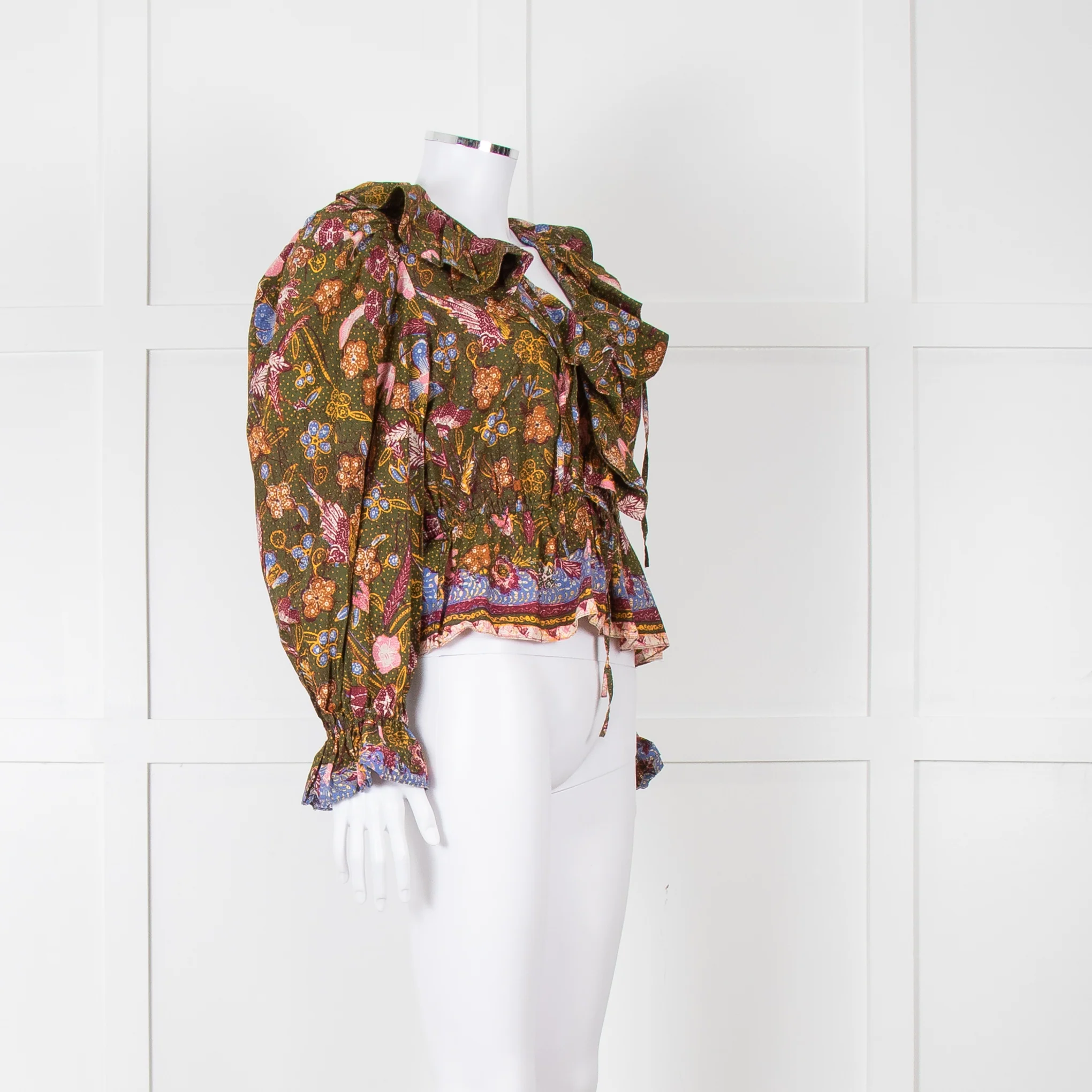 Ulla Johnson Green Pink Yellow Floral Frill Detail Cotton Top - Image 8