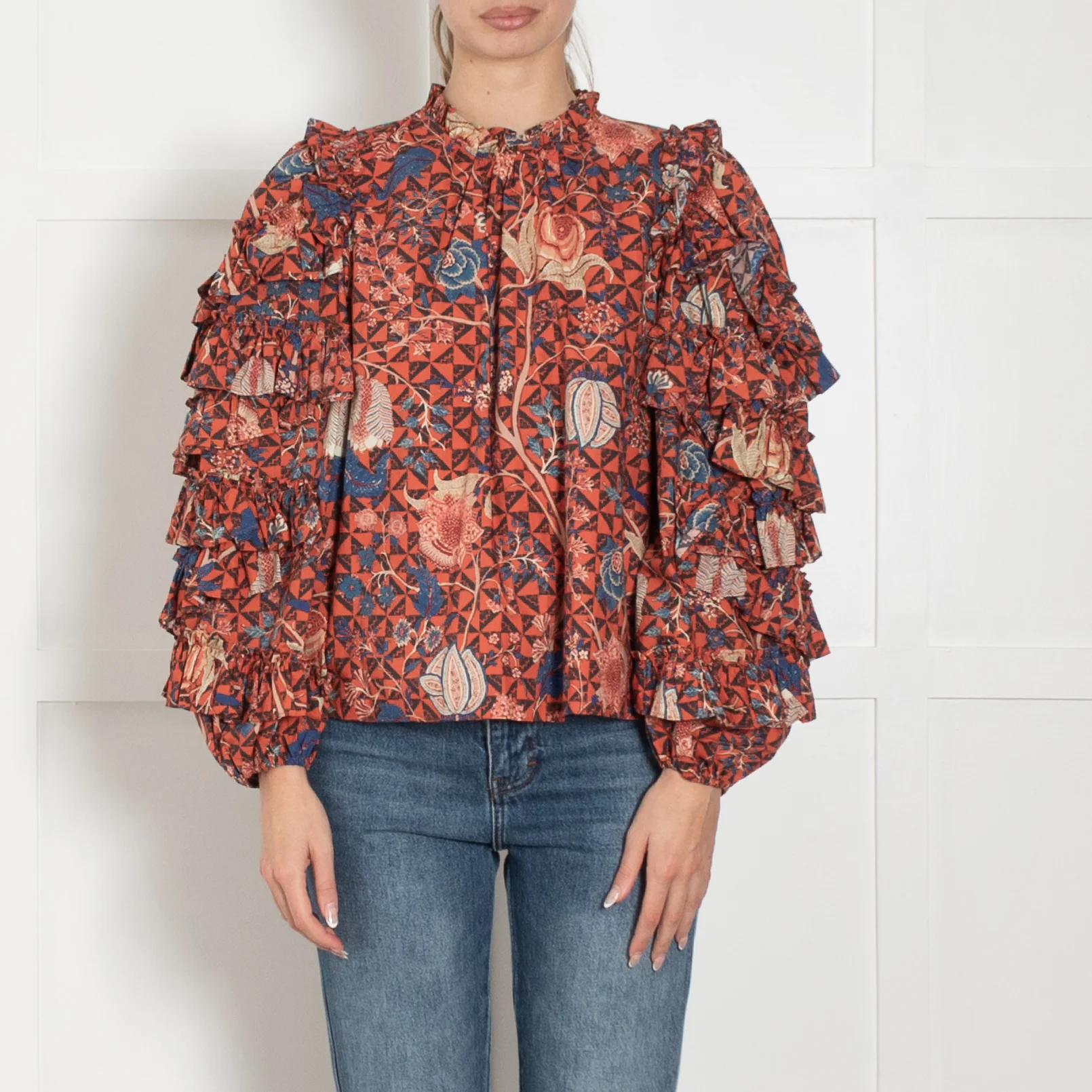 Ulla Johnson Hibiscus Floral Cotton Blouse With Ruffled Sleeves - Image 2
