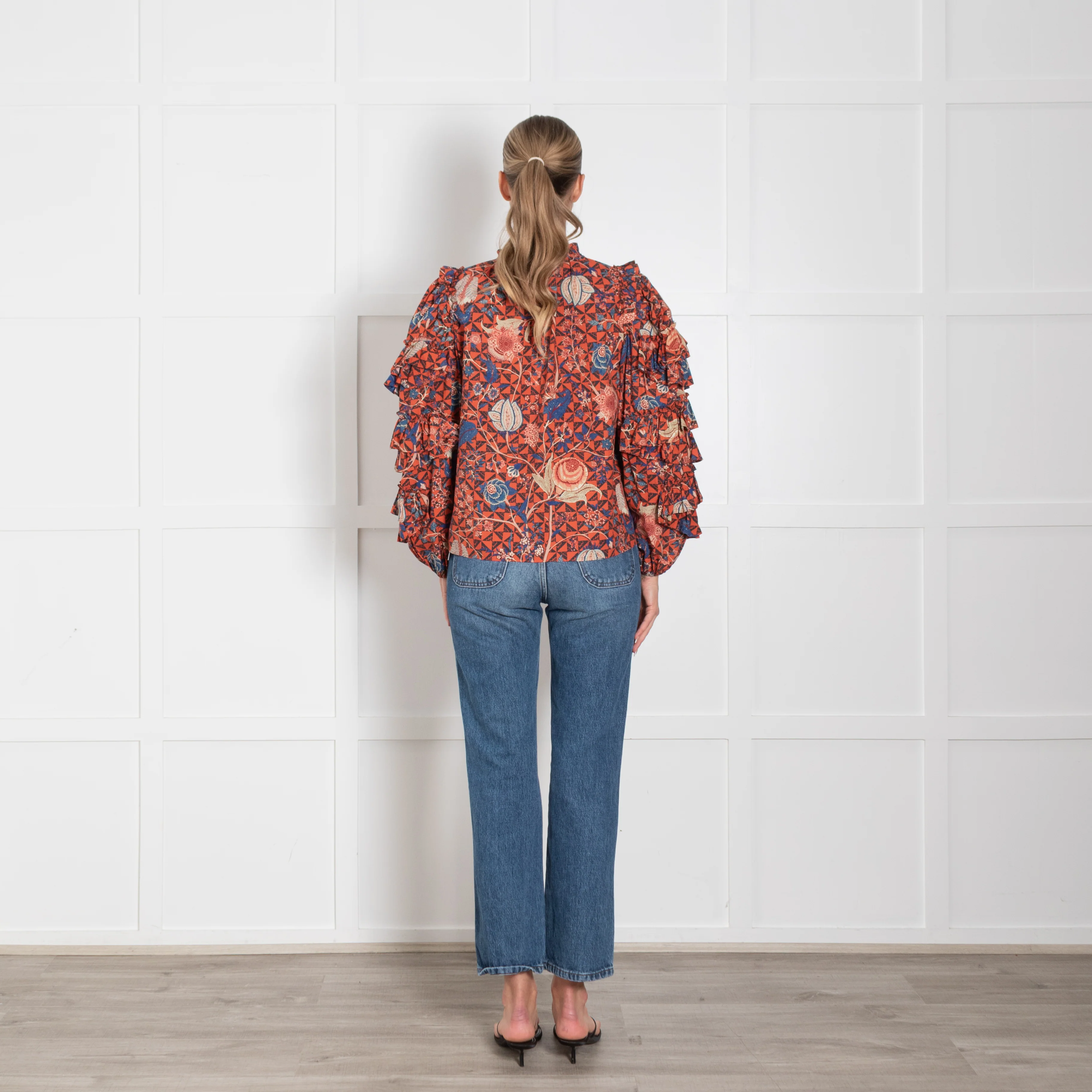 Ulla Johnson Hibiscus Floral Cotton Blouse With Ruffled Sleeves - Image 5