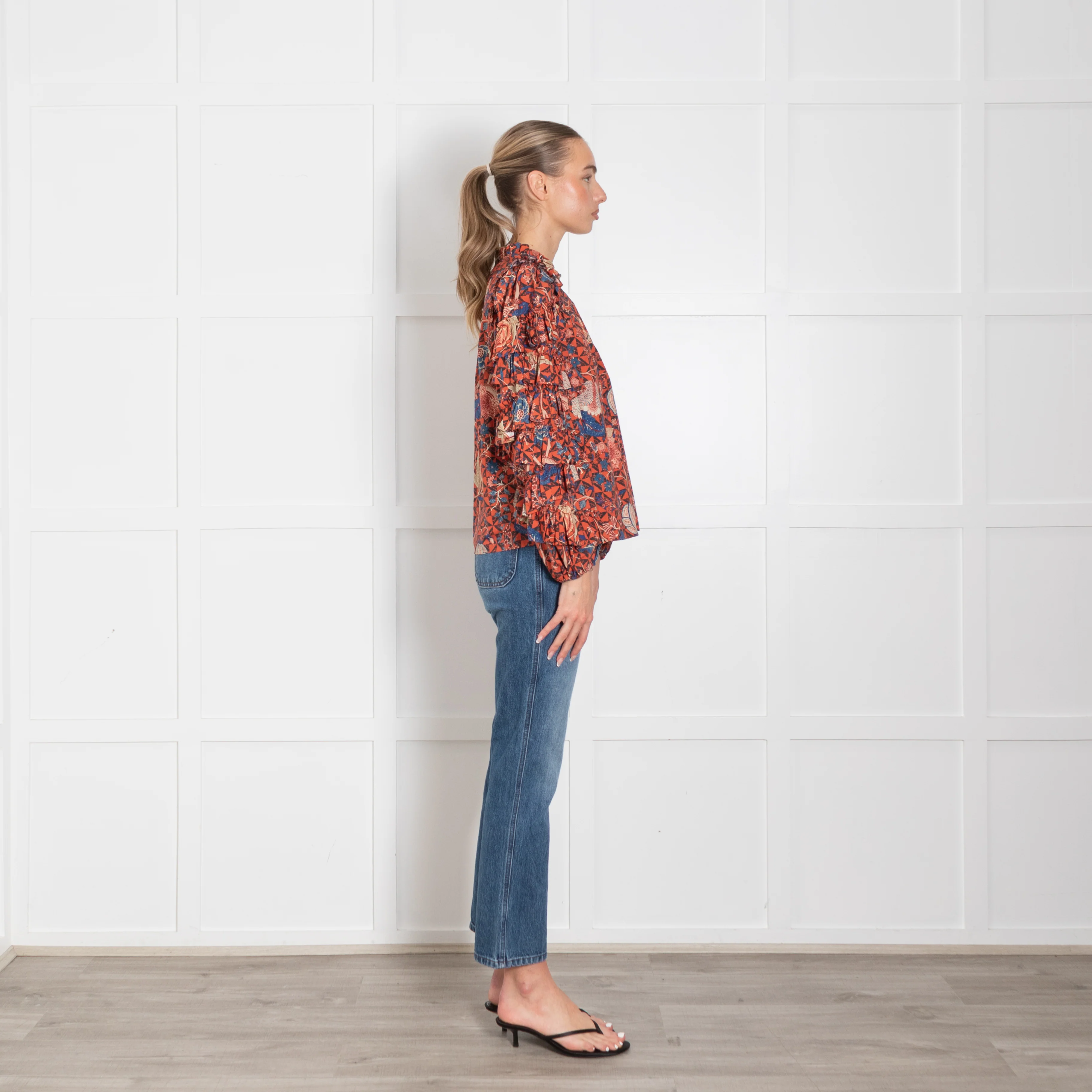 Ulla Johnson Hibiscus Floral Cotton Blouse With Ruffled Sleeves - Image 6