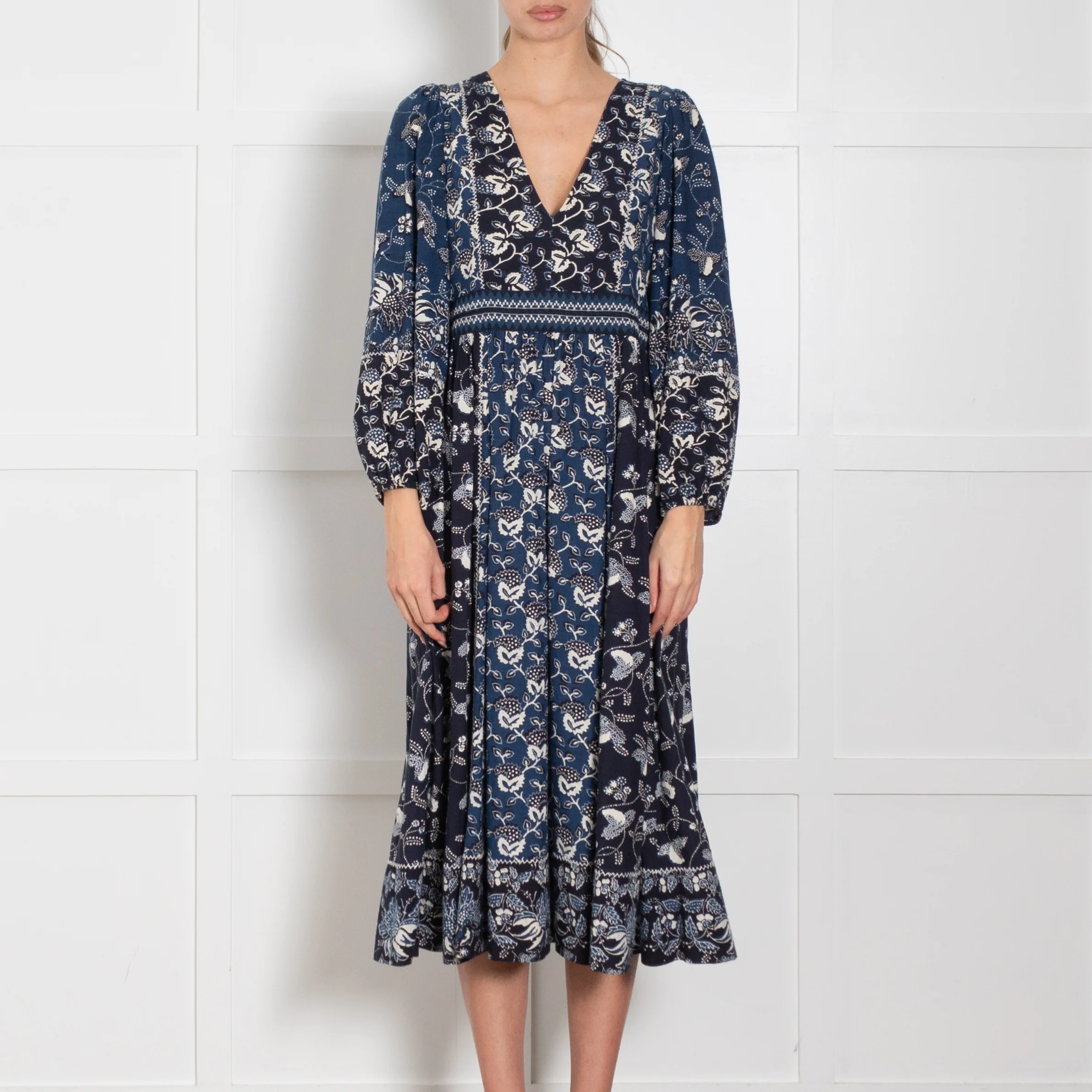 Ulla Johnson Navy Blue Cream Patterned Cotton Blend Maxi Dress - Image 2