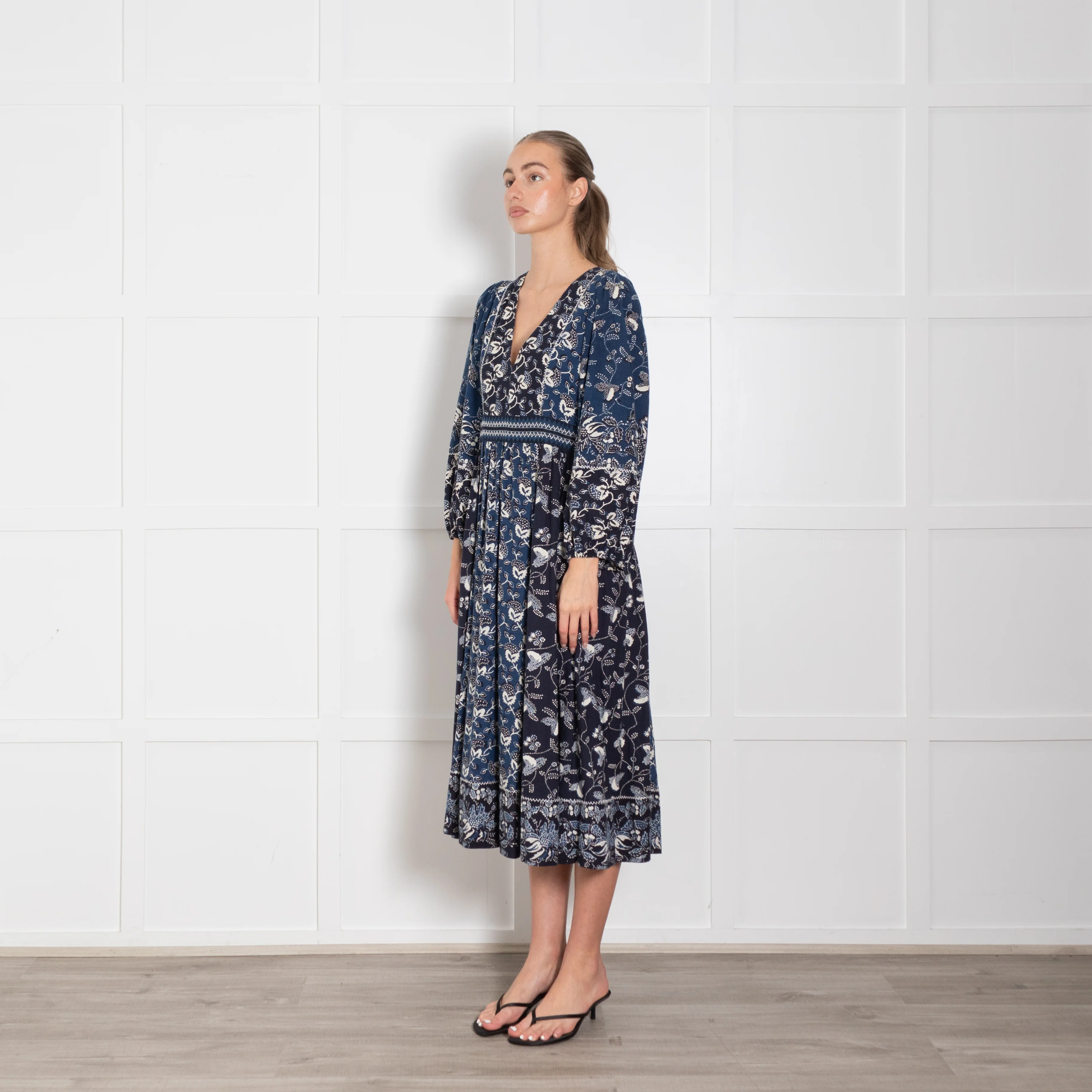 Ulla Johnson Navy Blue Cream Patterned Cotton Blend Maxi Dress - Image 3