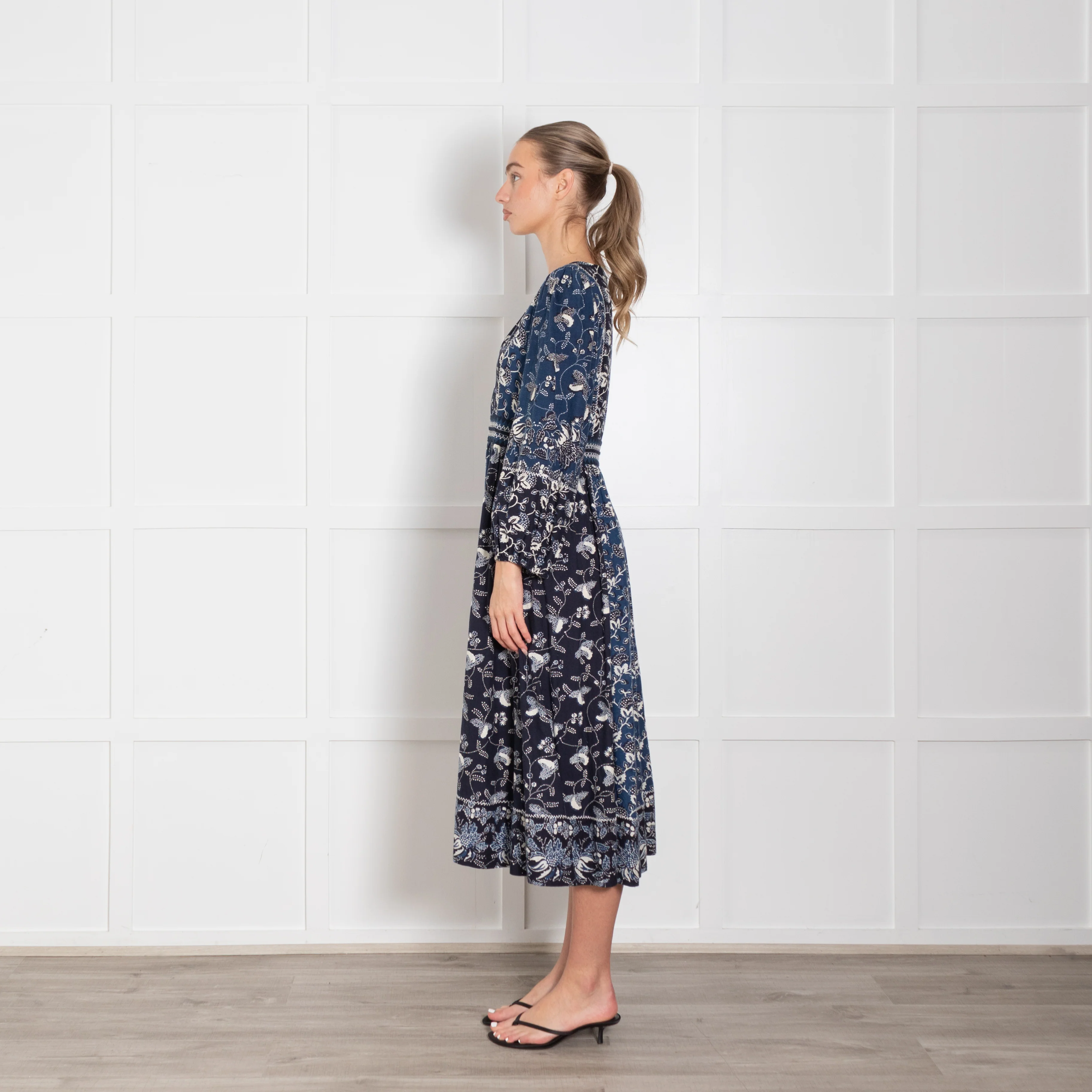 Ulla Johnson Navy Blue Cream Patterned Cotton Blend Maxi Dress - Image 4
