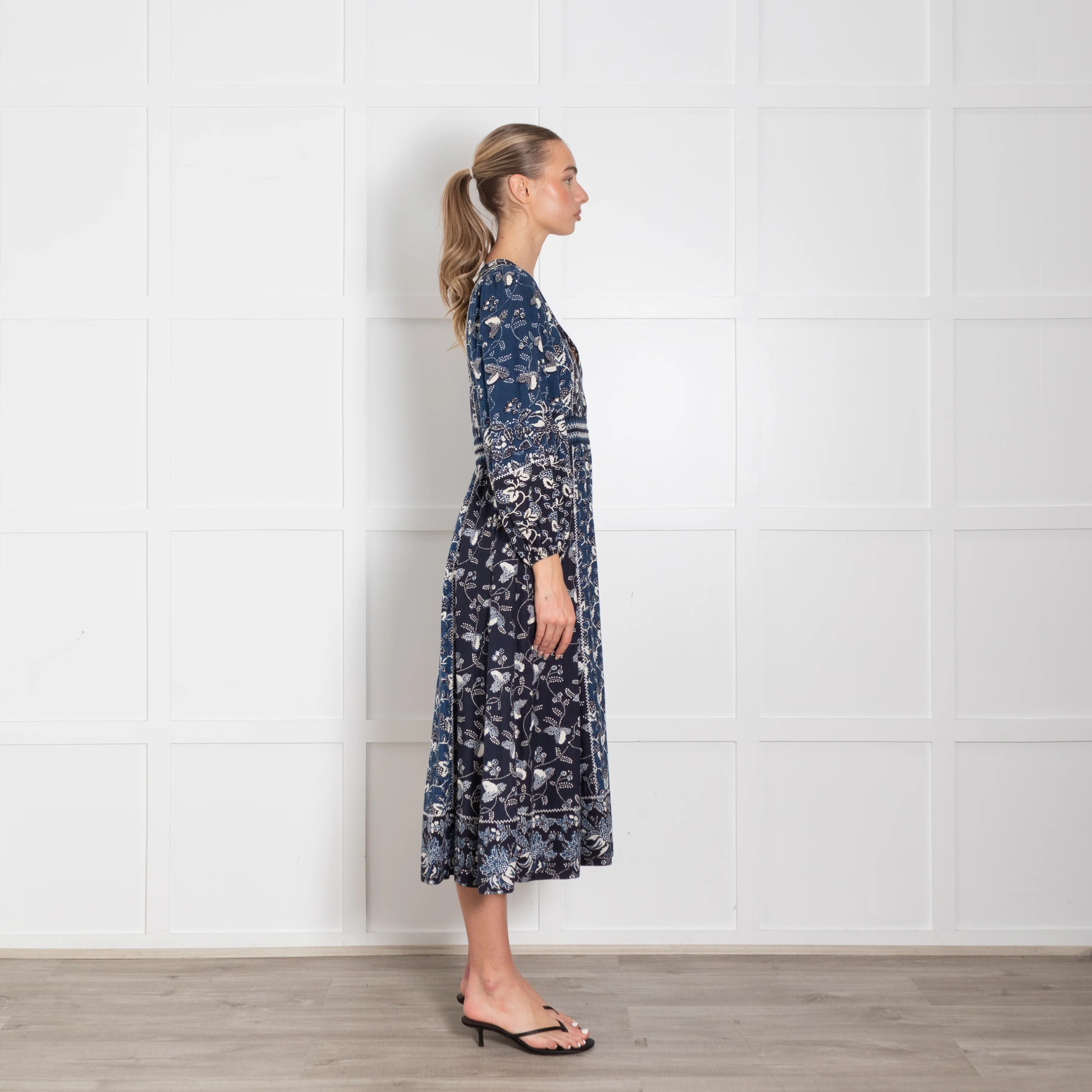 Ulla Johnson Navy Blue Cream Patterned Cotton Blend Maxi Dress - Image 6