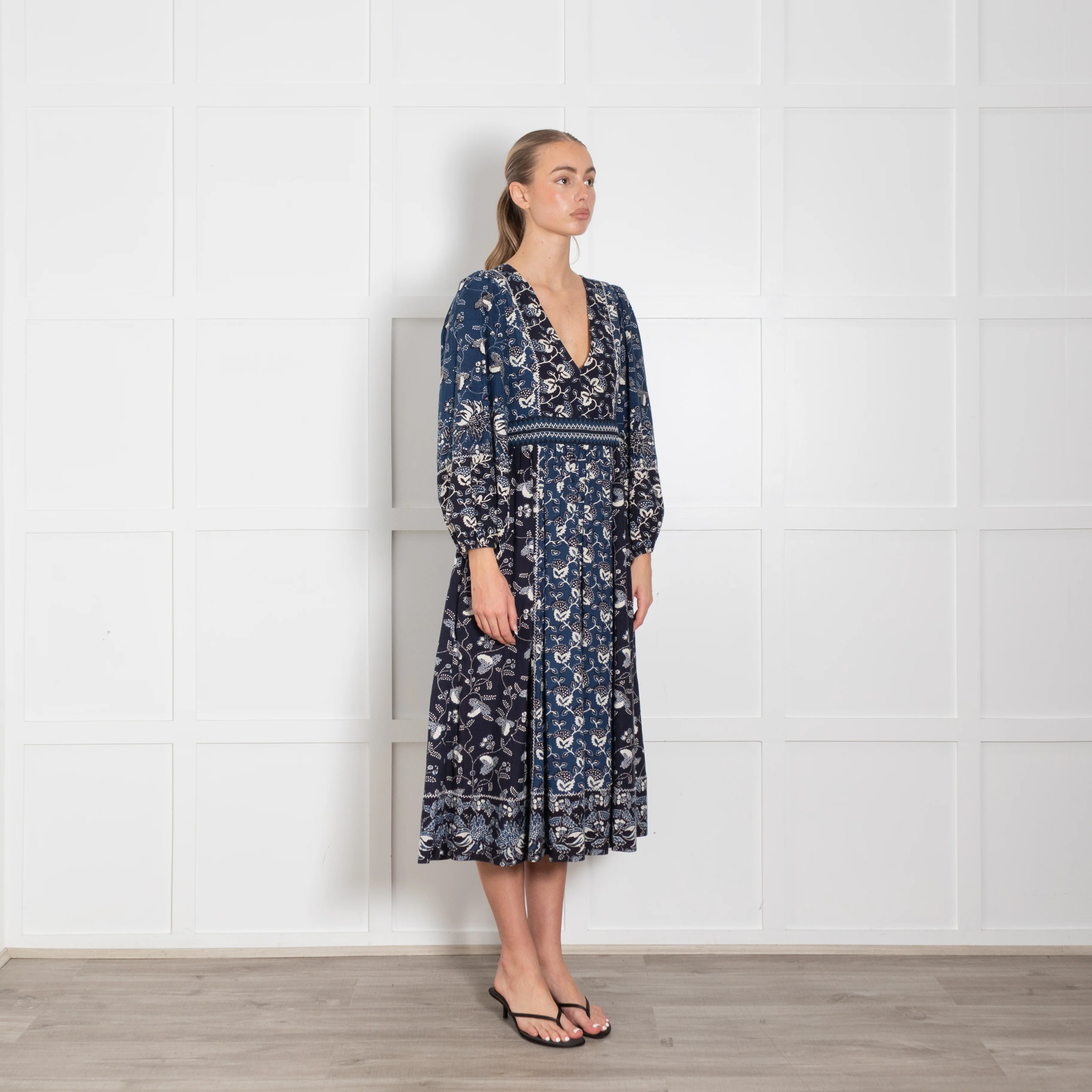 Ulla Johnson Navy Blue Cream Patterned Cotton Blend Maxi Dress - Image 7