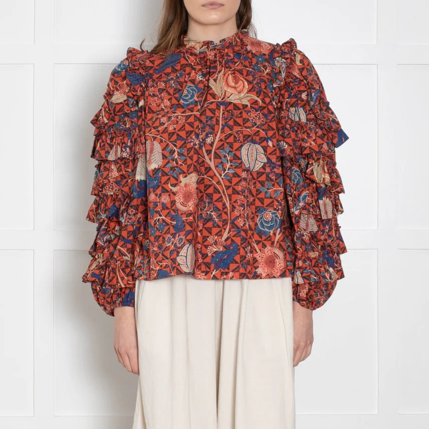 Ulla Johnson Orange, Blue, Beige, Black Floral Blouse & Ruffled Sleeves - Image 2