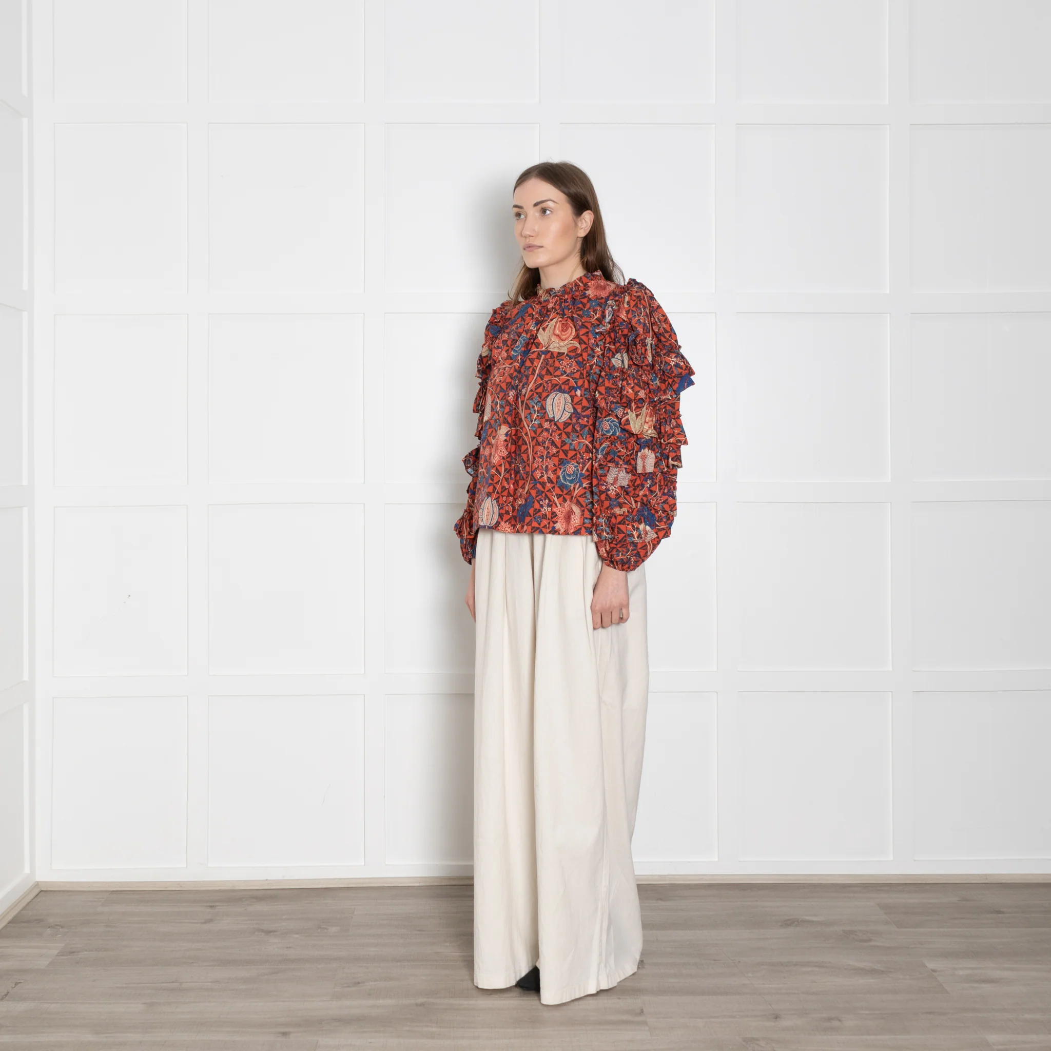 Ulla Johnson Orange, Blue, Beige, Black Floral Blouse & Ruffled Sleeves - Image 3