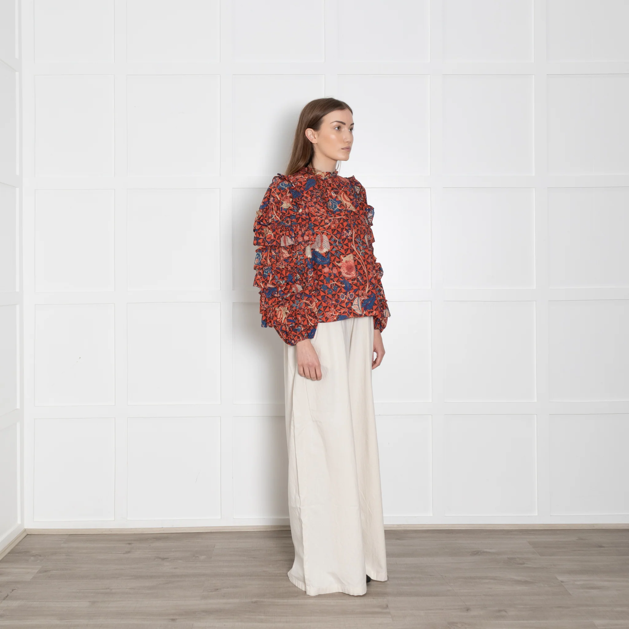 Ulla Johnson Orange, Blue, Beige, Black Floral Blouse & Ruffled Sleeves - Image 7